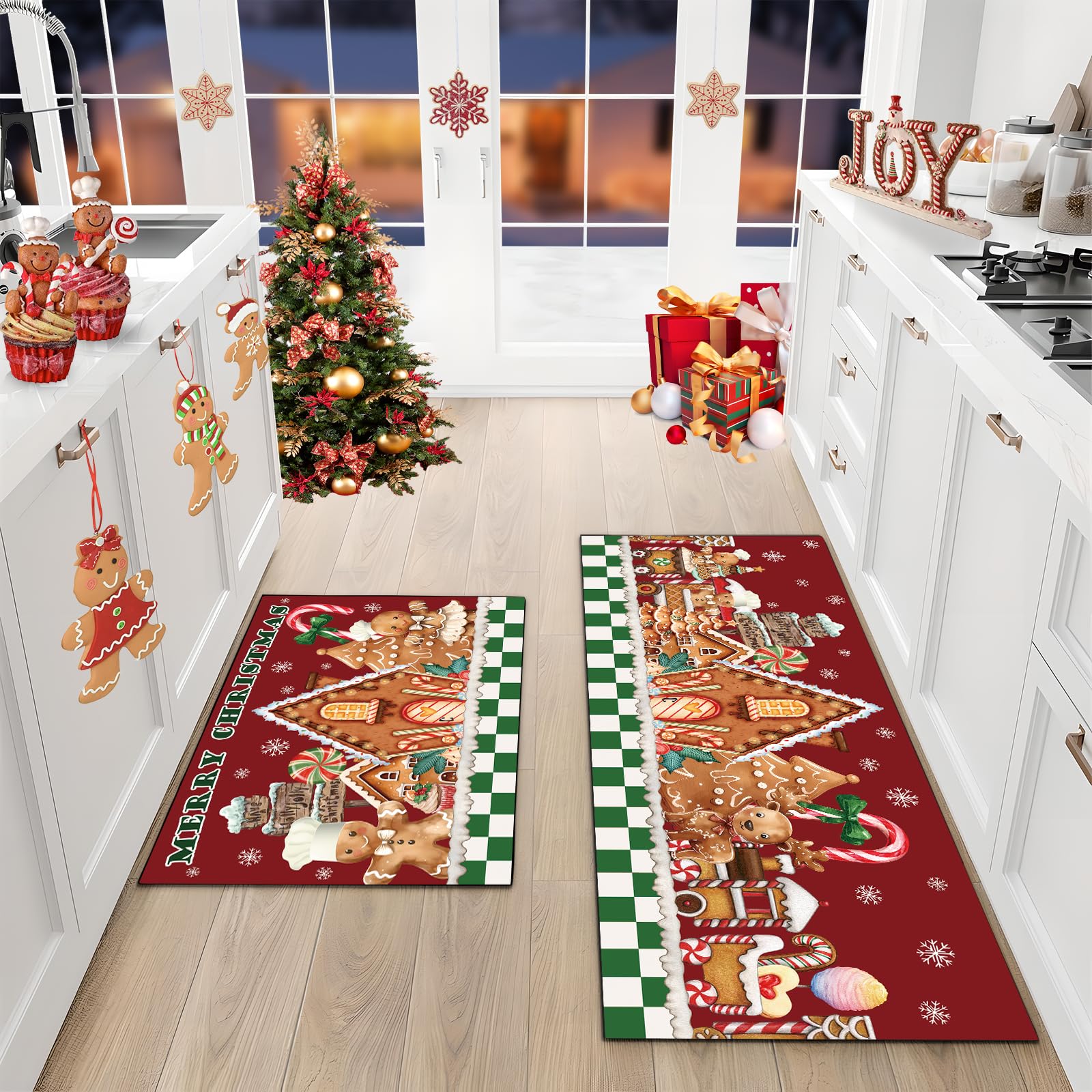 AIBIIN Tapis de cuisine Noël antidérapant caoutchouc bonhomme pain d'épices 40x60 40x120 cm 2 pièces