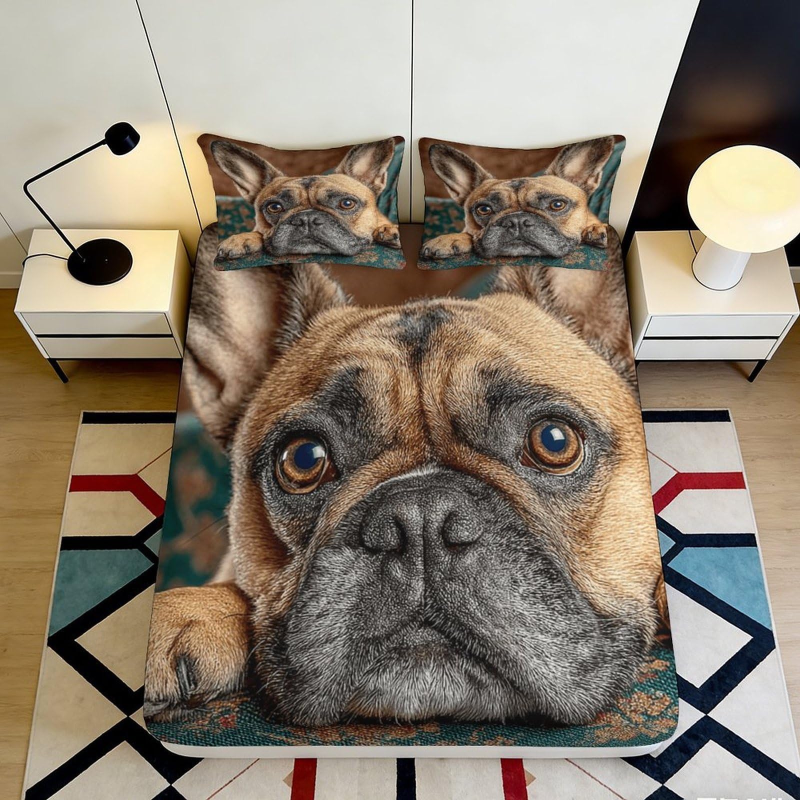 3D Printed French Bulldog Fitted Sheet Microfiber Soft Breathable Dog Face Bed Cover for Bedroom Dormitory Guest Room Mattress Protection 180x200x25cm