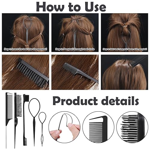 Miniatura 3 de 2000 bandas de goma negras para el cabello con 27 herramientas de peinado, pequeñas bandas elásticas para el cabello con cola Topsy Herramientas