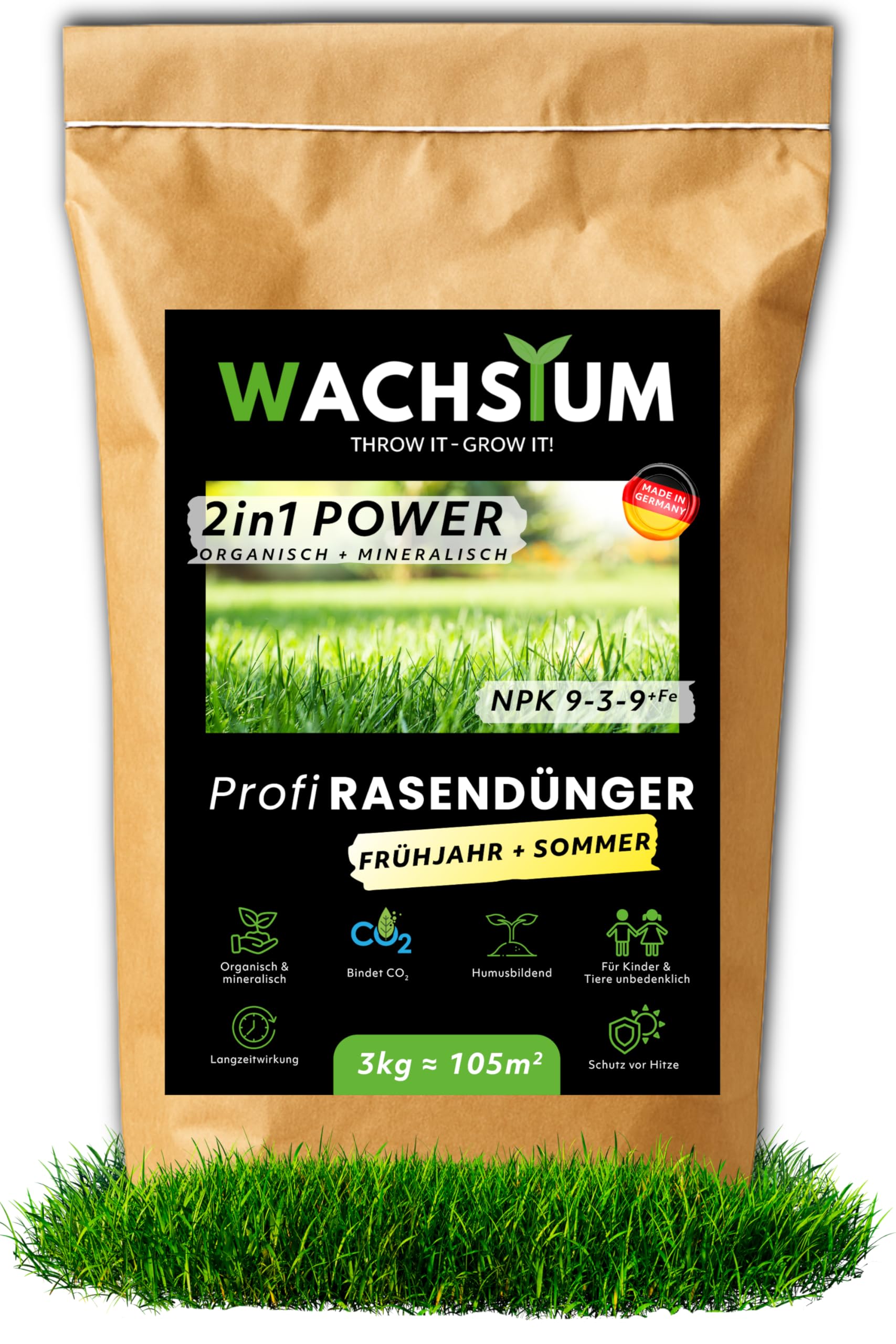 Rasendünger Frühjahr Sommer, 3kg organisch mineralisch mit Eisen, Langzeit Granulat, verdrängt Moos, NPK 9-3-9, 105 m², Streuwagen geeignet, Turbo Wachstum, tierfreundlich