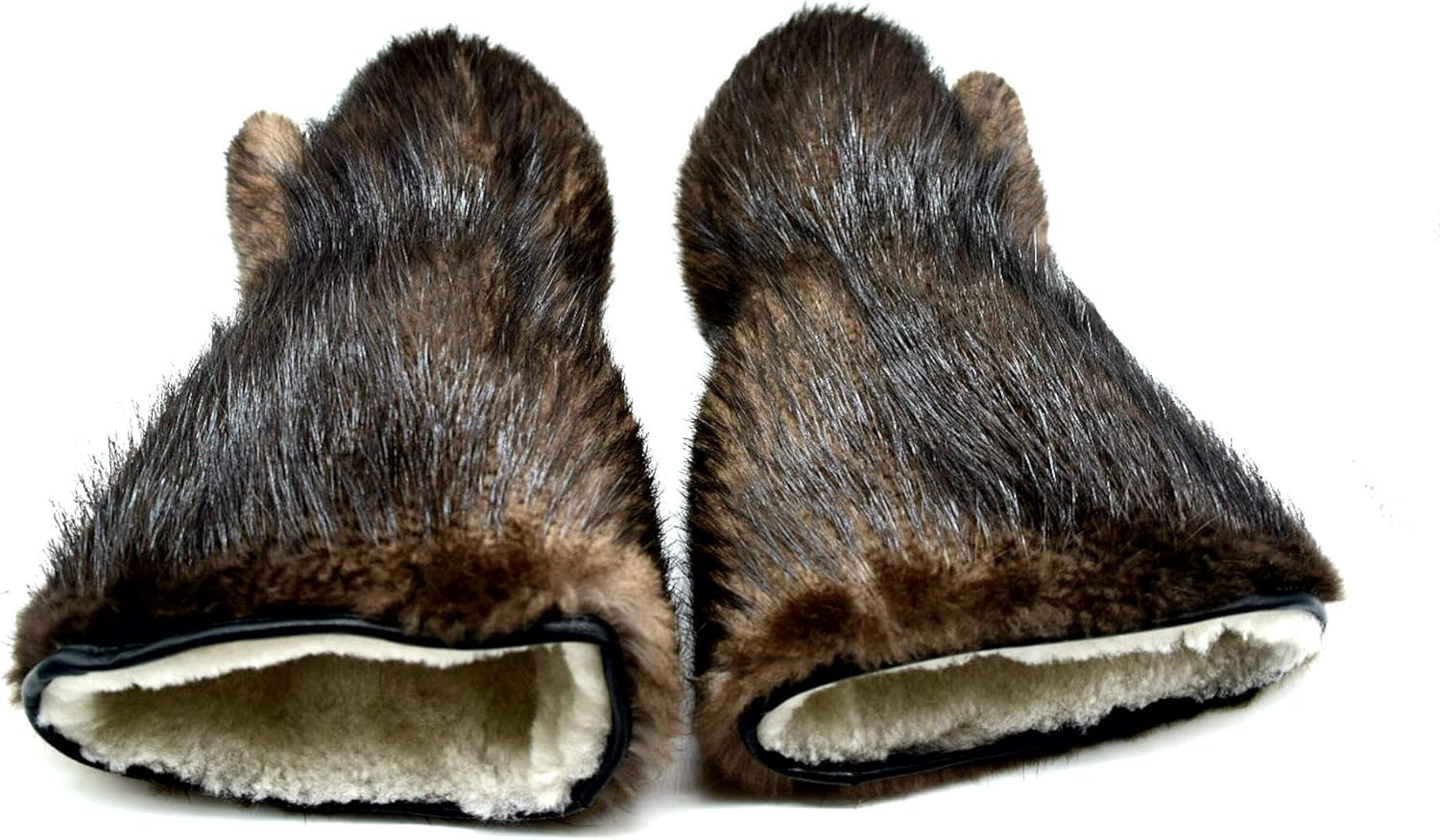 Long Beaver Fur Men's Mittens XXL Brown