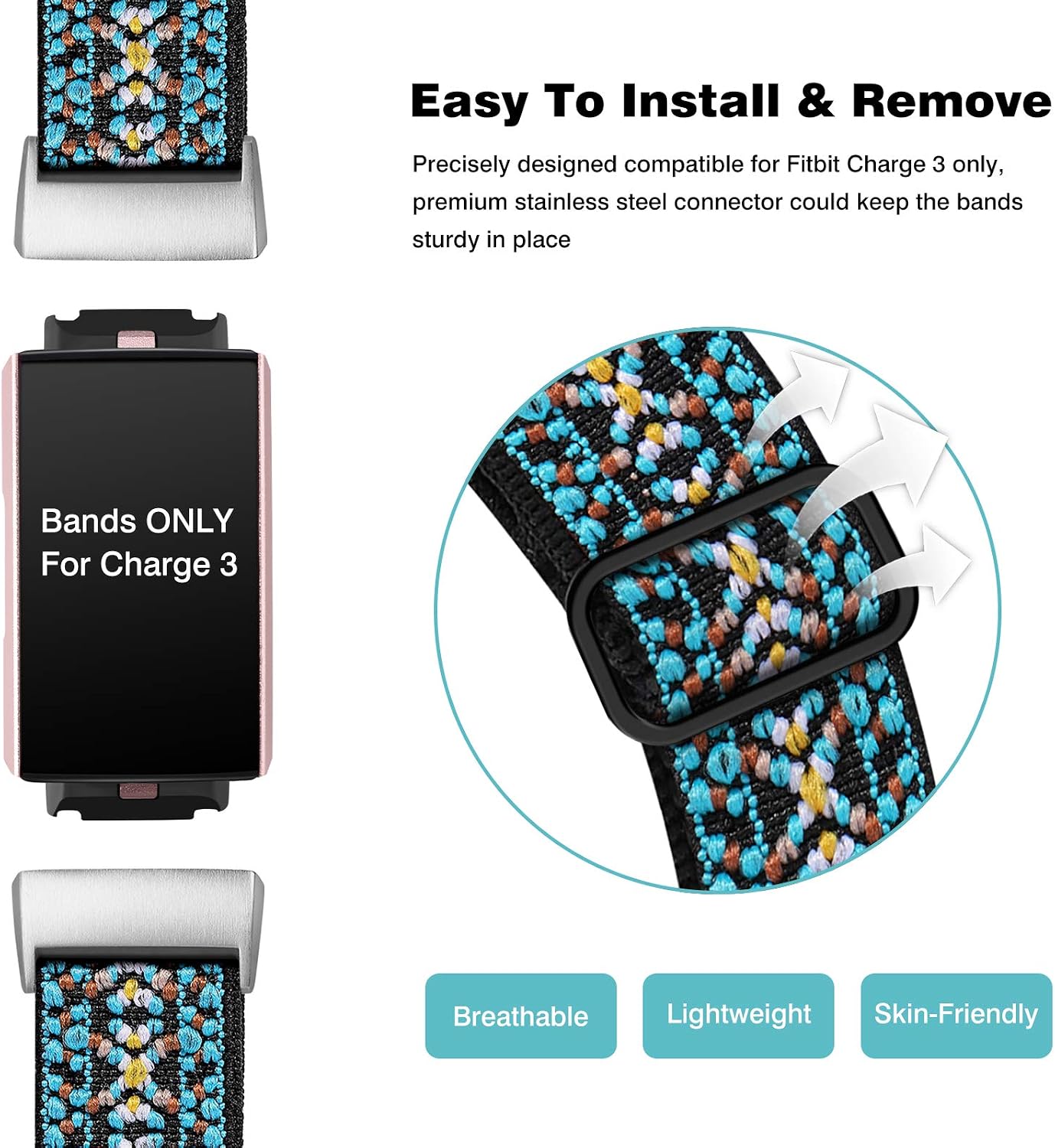 Witzon Adjustable Elastic Bands Compatible with Fitbit Charge 4 / Charge 3 / 3SE Bands, Breathable Loop Fabric Pattern Replacement Strap Stretchy Charge 3 Wristbands for Women Men, Embroidery Blue