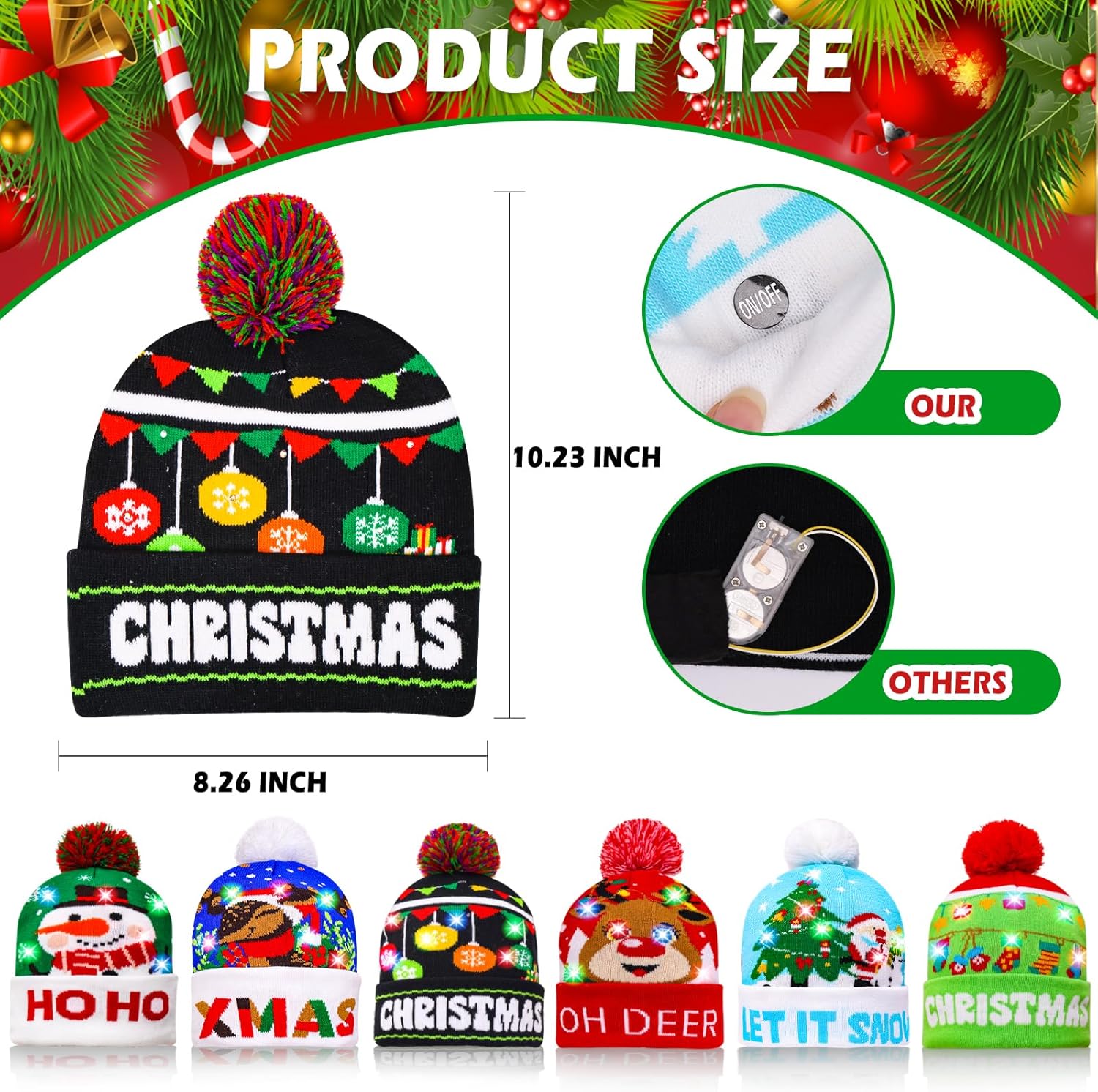 MGparty 6 Pack Christmas Hats LED Light Up Beanie Knit Hats Holiday Winter Snow Caps for Adults Kids - Image 2