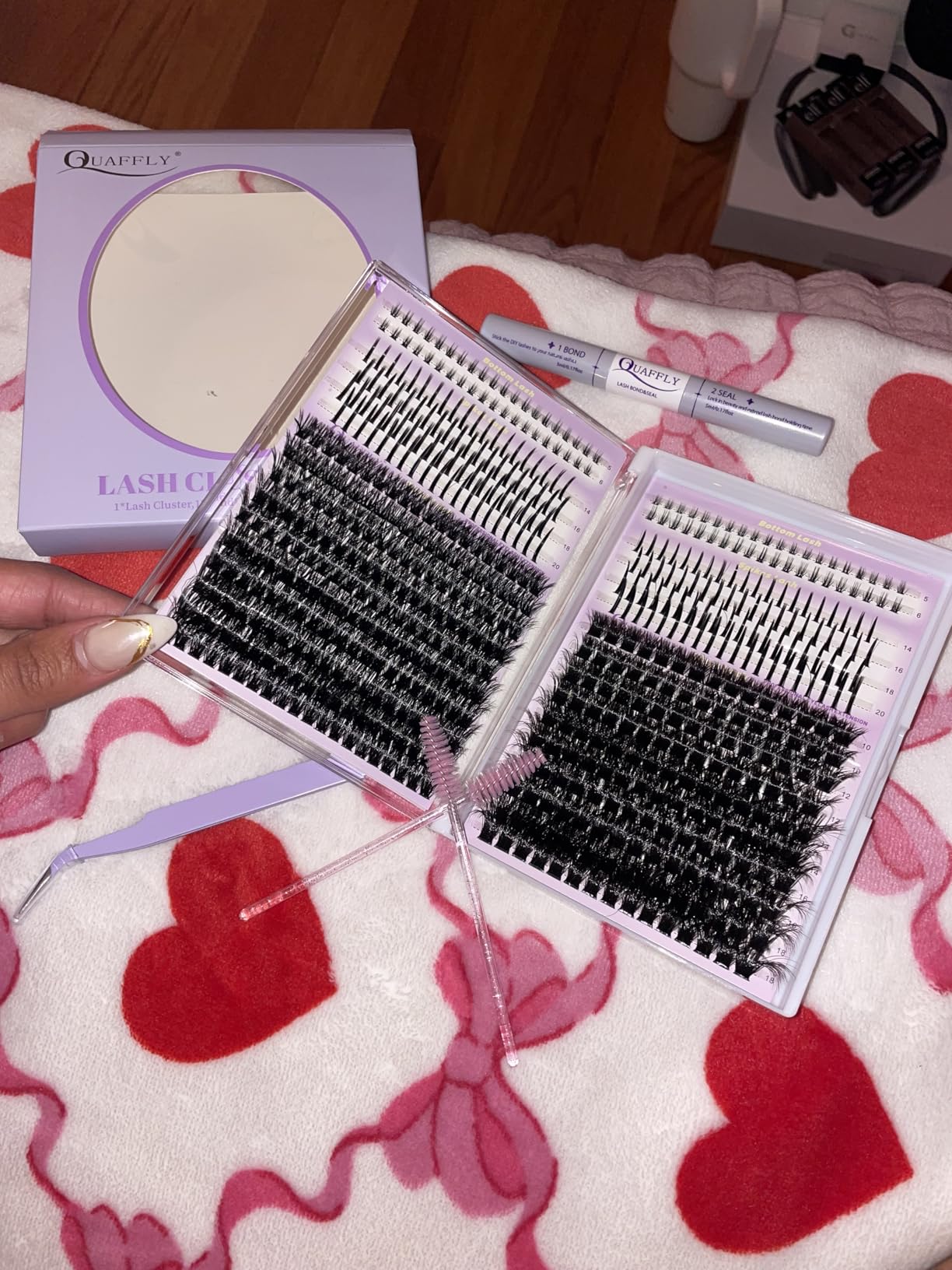 QUAFFLY DIY Lash Extension Kit 100D+150D Volume Lash Clusters with Spikes Lash Extension Kit Bottom Lashes Wispy Cluster Eyelash Extensions Kit with Lash Bond and Seal Tweezer Brush Easy To Apply