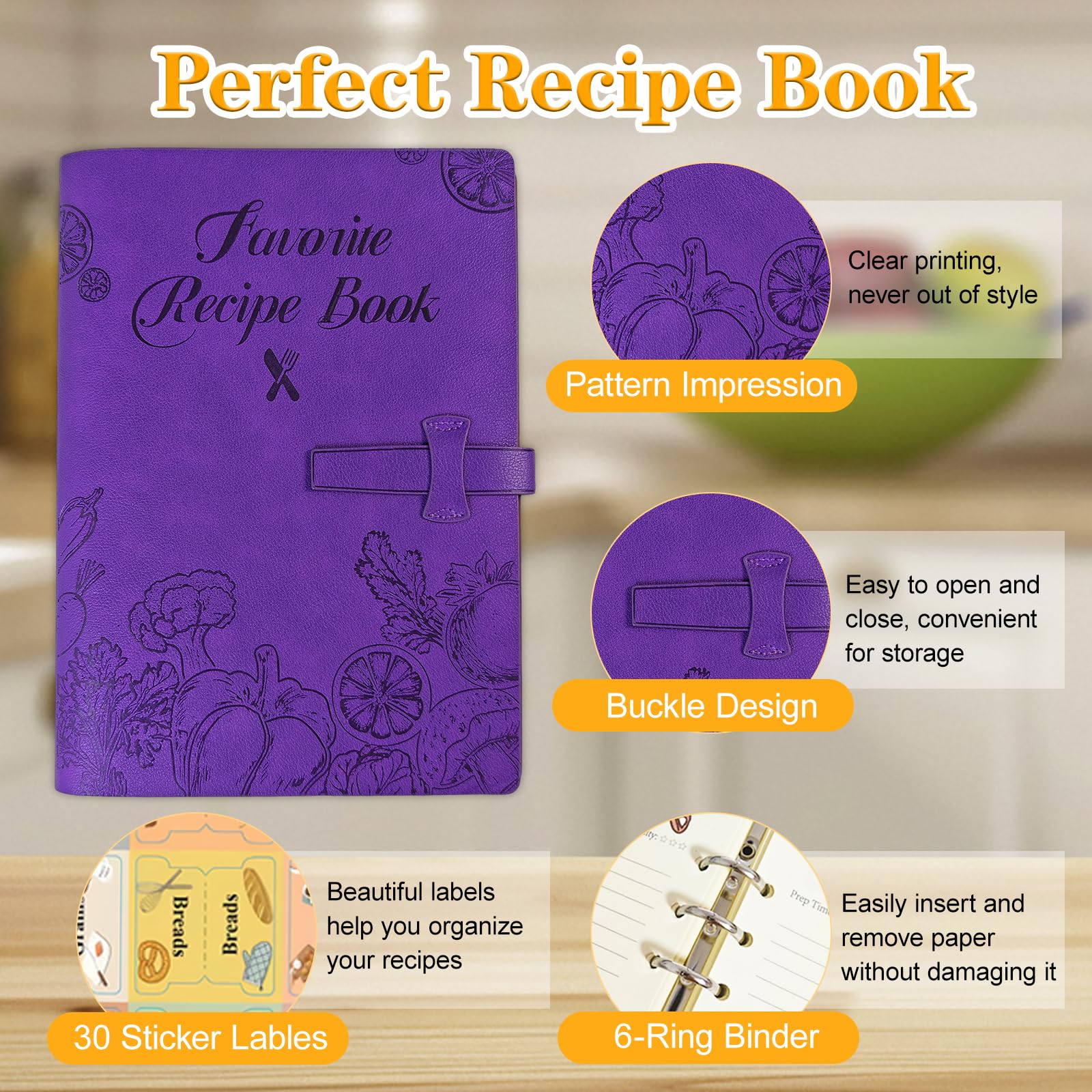 Libro de recetas en blanco para escribir en tus propias recetas, cuaderno de recetas de cuero, libro de cocina vacío con capacidad para 150 recetas (recetas largas y cortas) (morado)