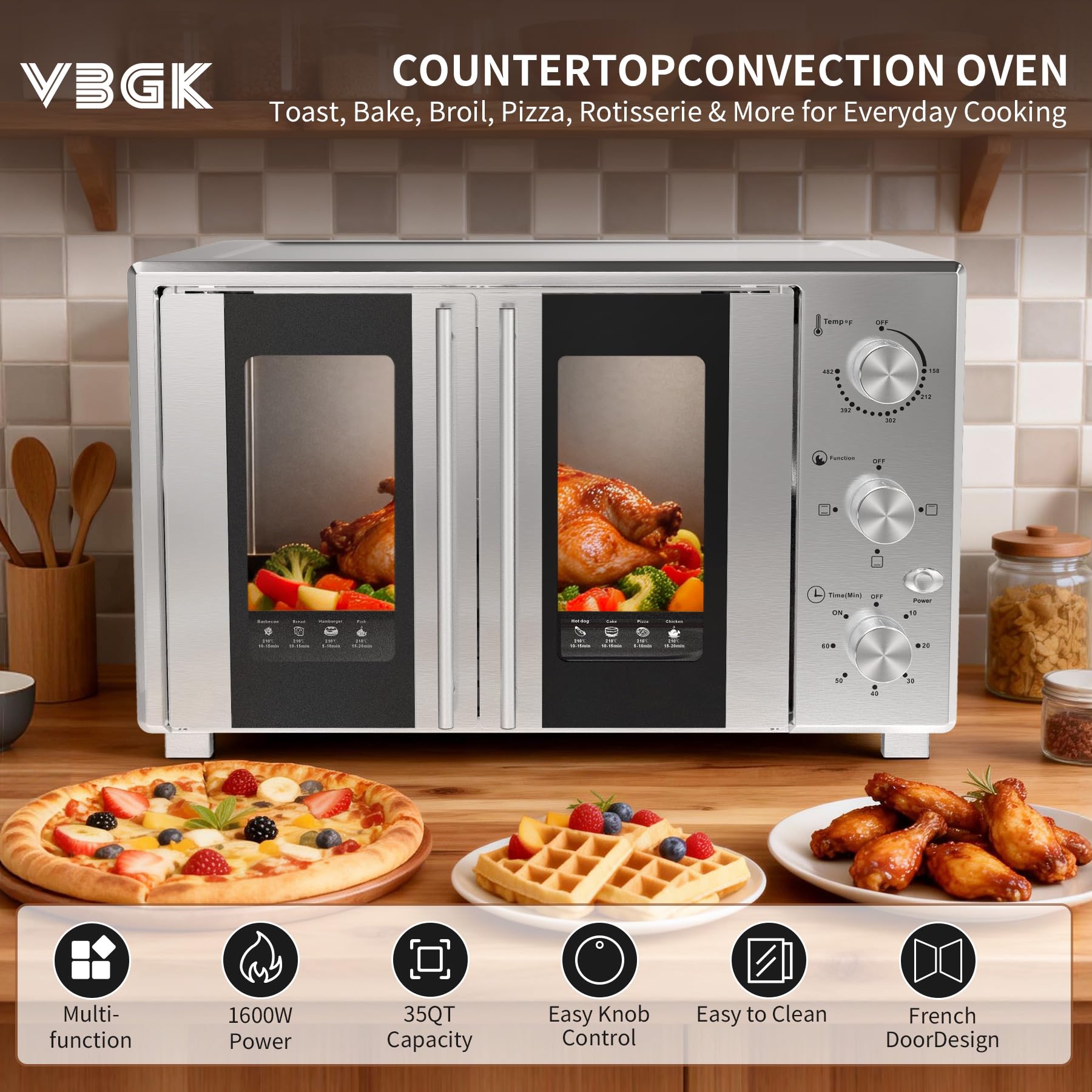 VBGK Forno Elettrico Ventilato, 1600W Griglia Inox, Timer 60 Minuti