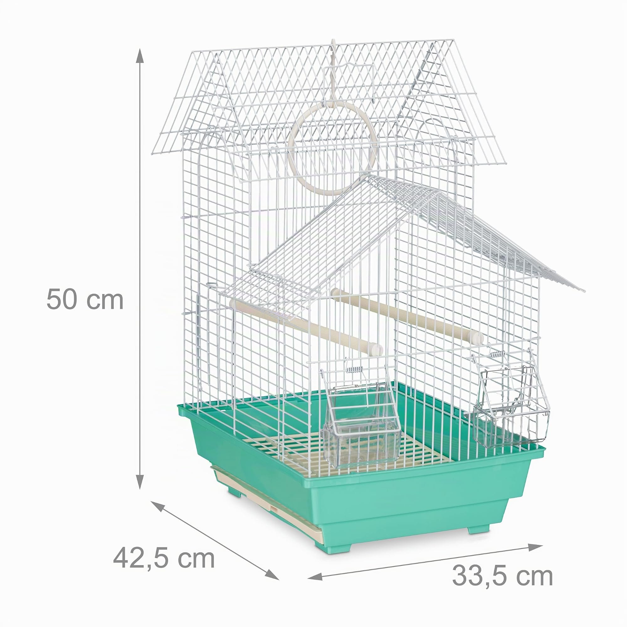 Relaxdays Cage à Oiseaux, métal, pour de Petits canaris, perchoirs & mangeoires, 50 x 42,5 x 33,5 cm, Bleu Clair/Menthe