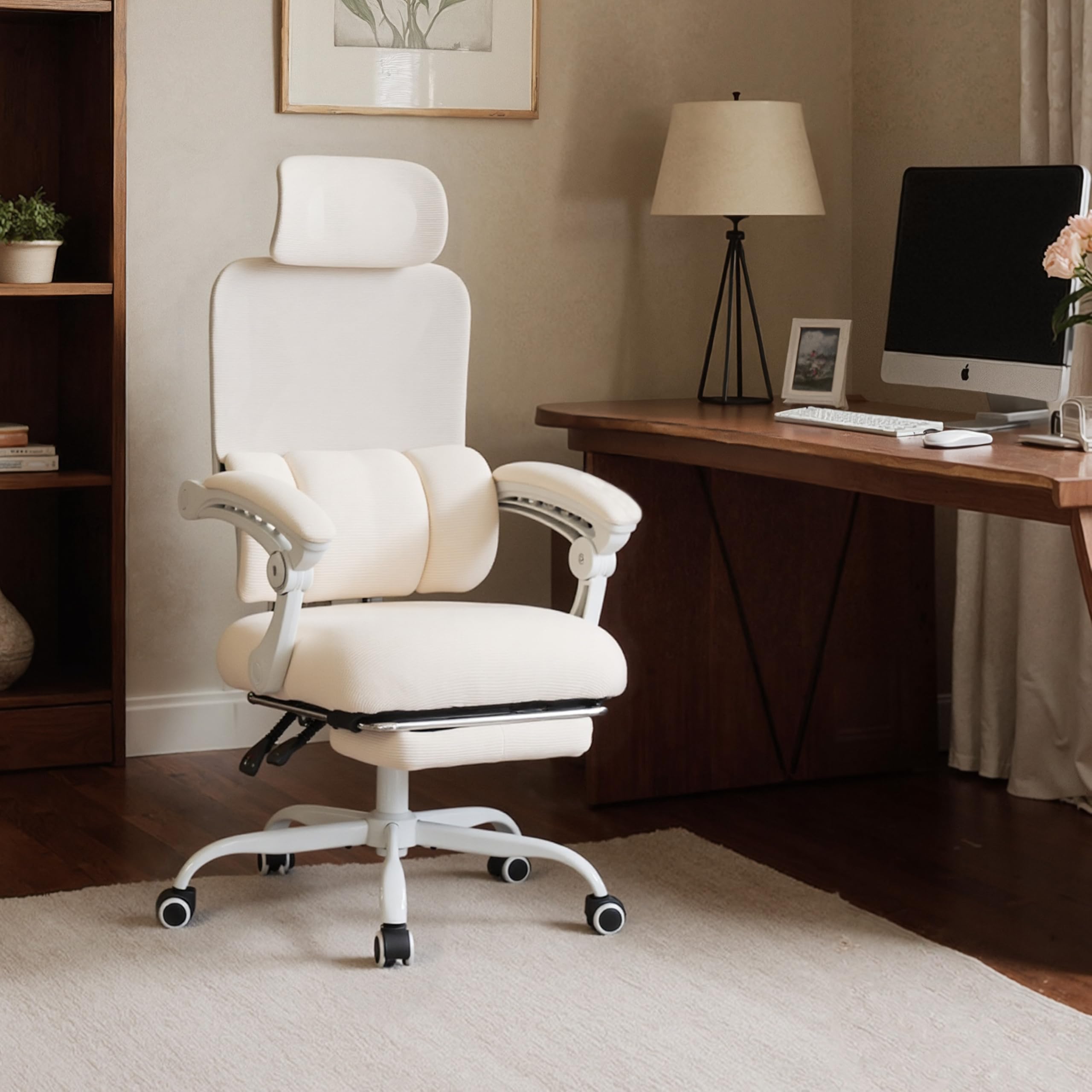 UEV Silla de Oficina Ergonómica Lumbar con Ajuste de 90°-135°, Silla de Oficina con Cómodo Soporte Corporal, Sillas Ergonómicas Estables y Funcionales, 64x64x(112-120) cm, Beige | Silla giratoria de escritorio, inclinable hasta 135°, altura regulable, sop