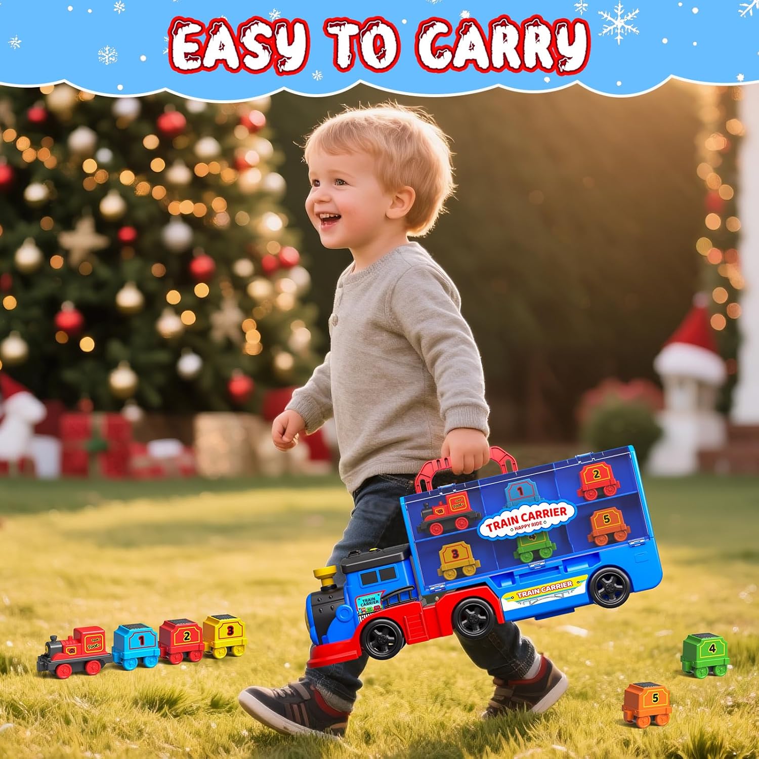 AuroTops Toys for 3 4 5 6 Year Old Boys for Kids Girl Boy Toys,2-in-1 Toddler Toy Trucks Christmas Train Set with Light & Sounds Include 1 Transport Toy Trucks,6 Magnetic Trains