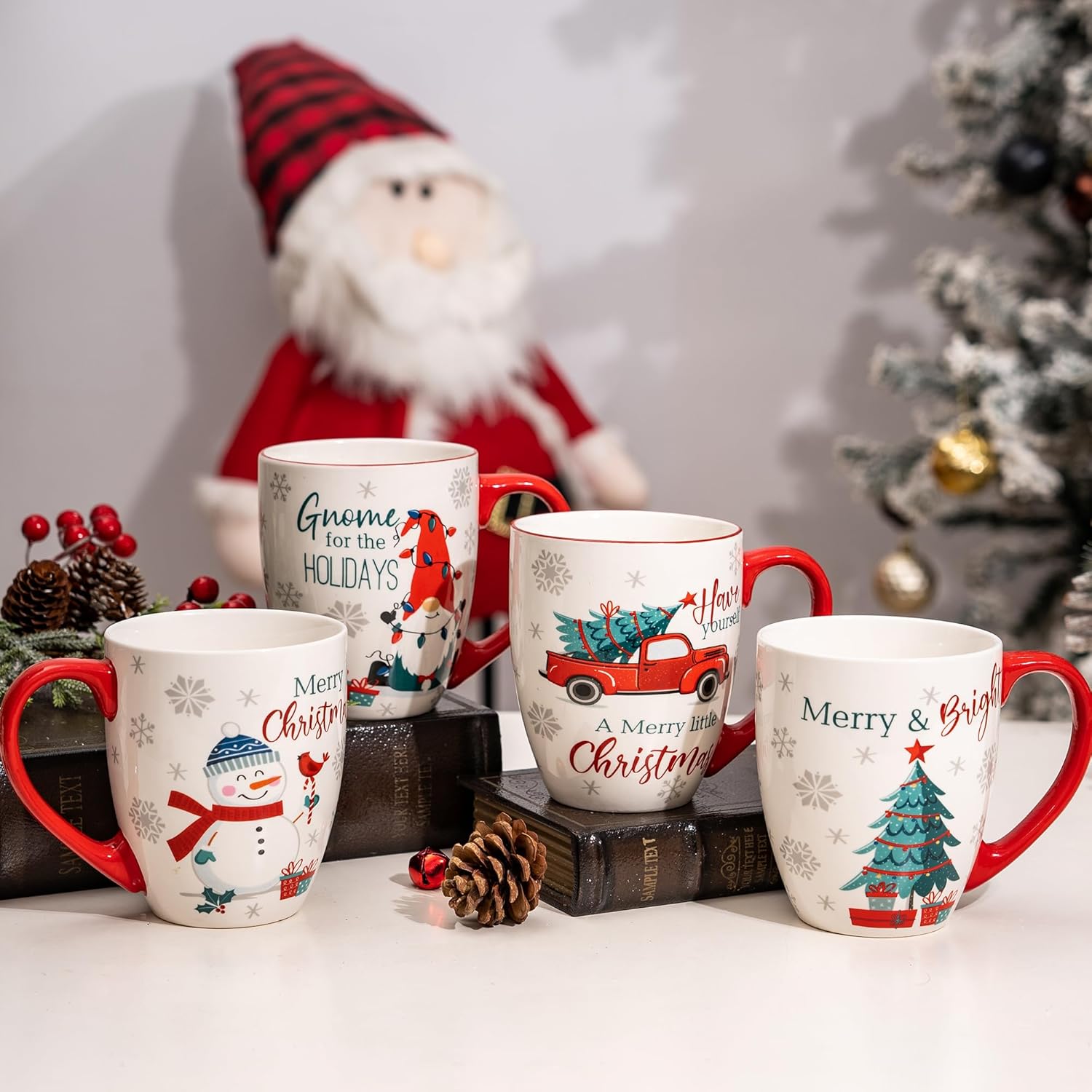 DUSVALLY Christmas Ceramic Coffee Mug, Porcelain Tea Cups Ideal Holiday Gifts for Friends and Family, Festival Unique Gifts for Home and Office, 18 Oz, Set of 4