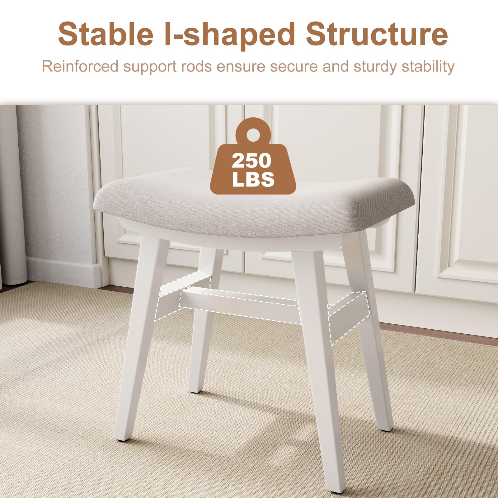 Taburete de tocador pequeño de madera maciza con cojín de sillín, asiento de esponja de alto rebote, silla de maquillaje de fácil montaje, reposapiés para dormitorio, entrada, blanco 7