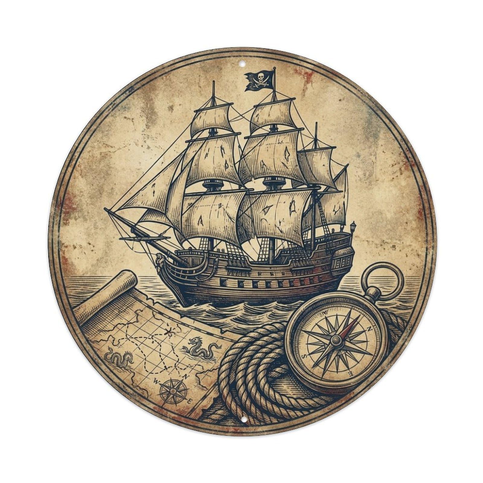 Pirate Ship Map Compass Black Flag Maritime Metal Tin Sign