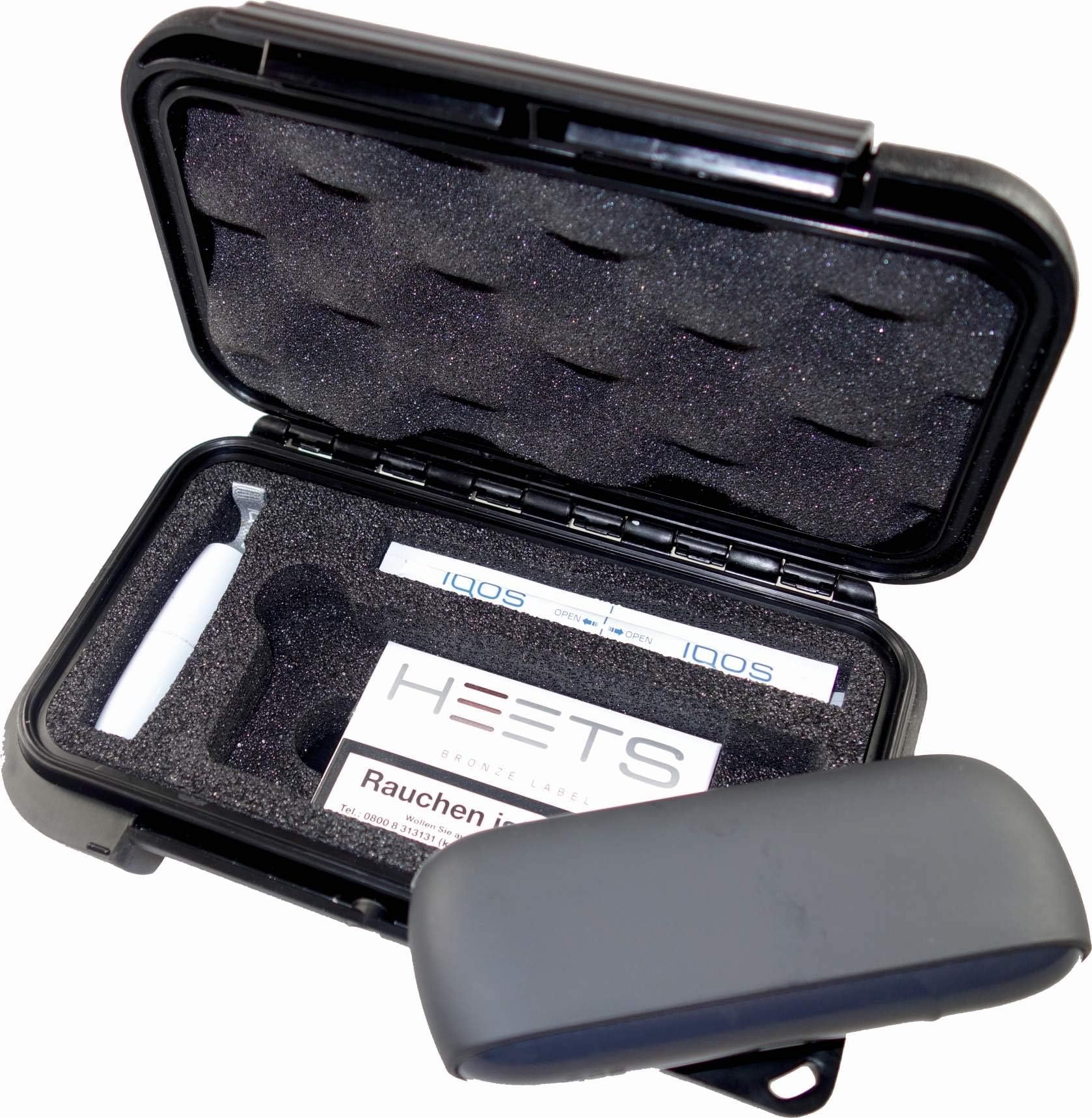 MAX PRODUCTS Transport box case for original IQOS 3 with matching hard foam insert for pocket charger, holder, heets, cleaning pen, cleaning sticks (not included).