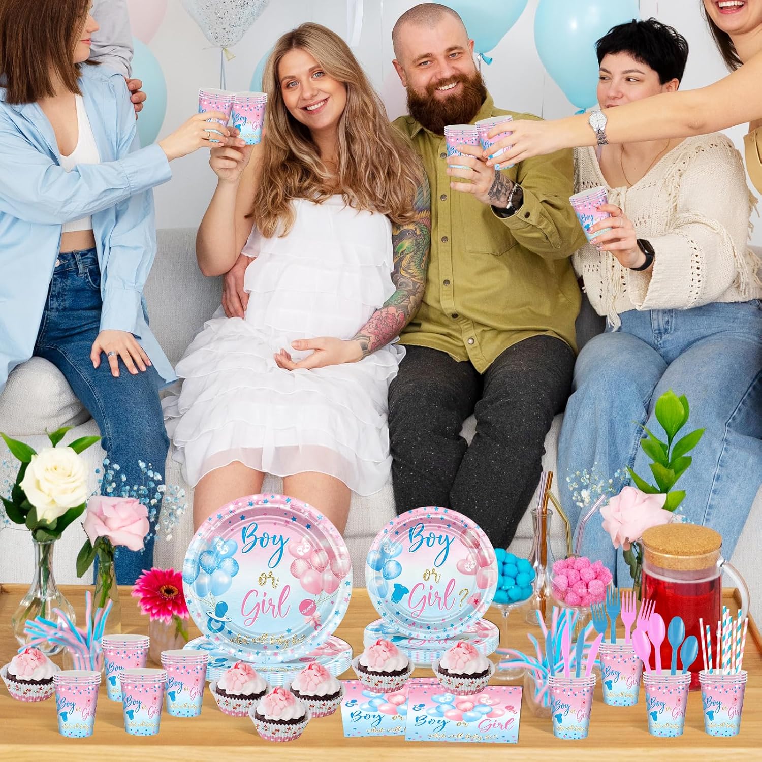 Avezano 192 Pcs Gender Reveal Party Decorations Boy or Girl Plates Napkins Cups Blue and Pink Gender Reveal Party Tableware Set Serve 24
