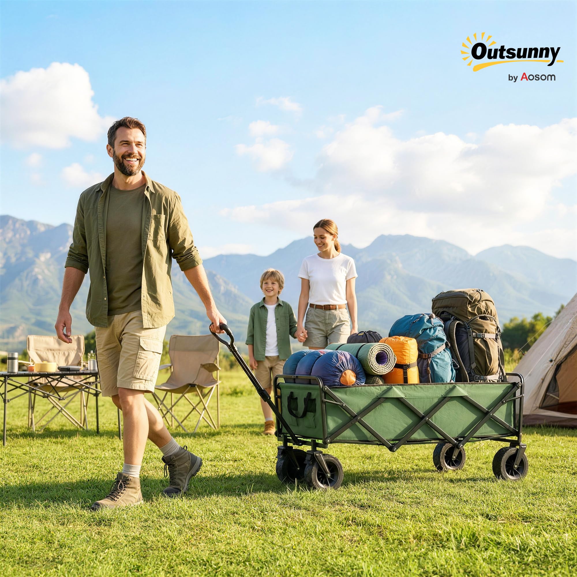 Outsunny 130L Składany wózek ogrodowy z kołami, regulowany uchwyt Zielony