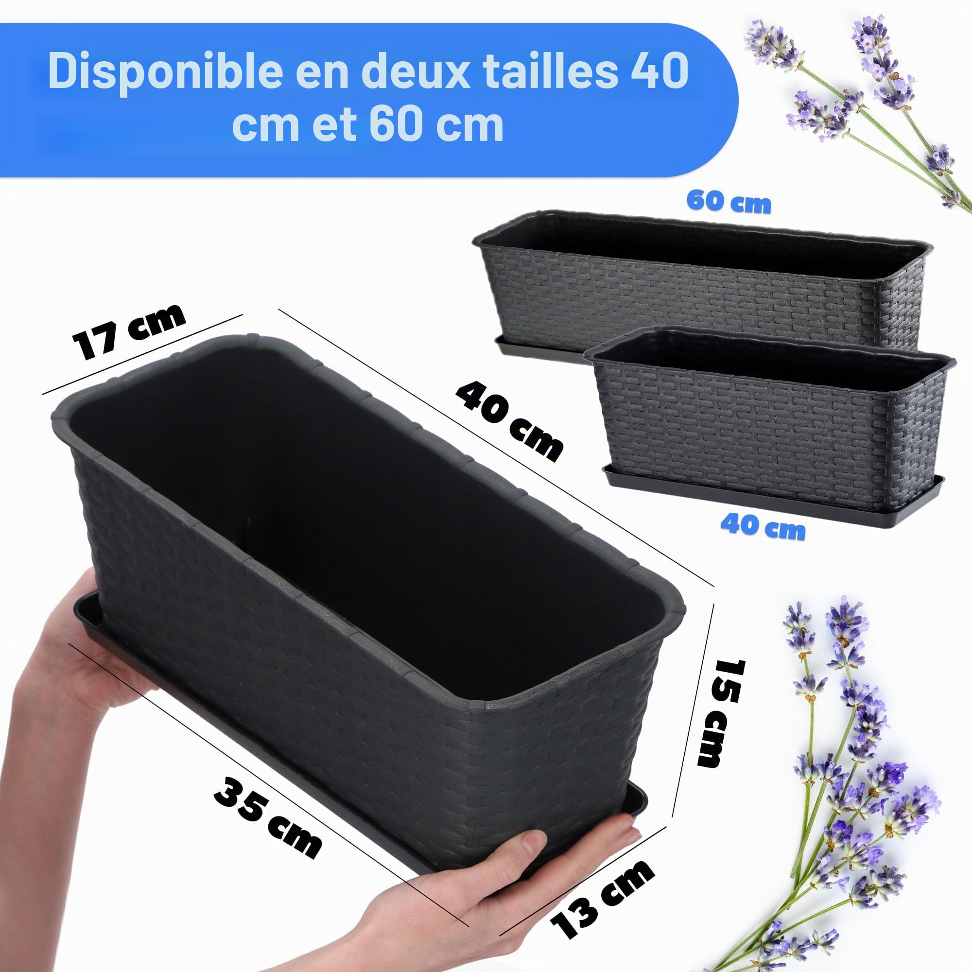 KADAX jardinière Lezucha 40 cm avec Soucoupe - Anthracite Plastique Aspect rotin - pour Balcon - Soucoupe récupératrice et Trous de Drainage Anti-débordement pour l’arrosage