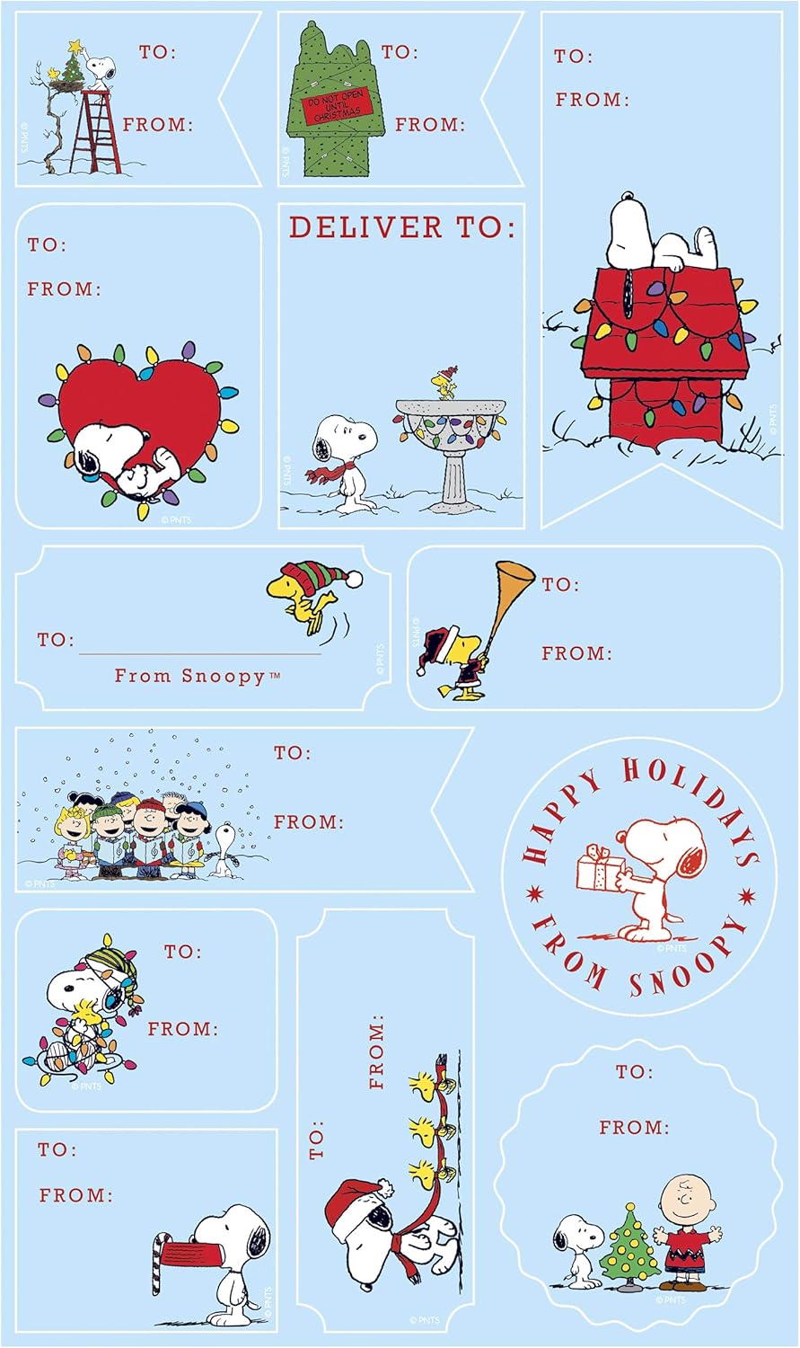 Amazon Com Graphique Peanuts Gift Labels 52 Self Adhesive Christmas Stickers 13 Designs With Red Foil Accents To And From Names For Holiday Wrapping Paper Gift Bags Office Products