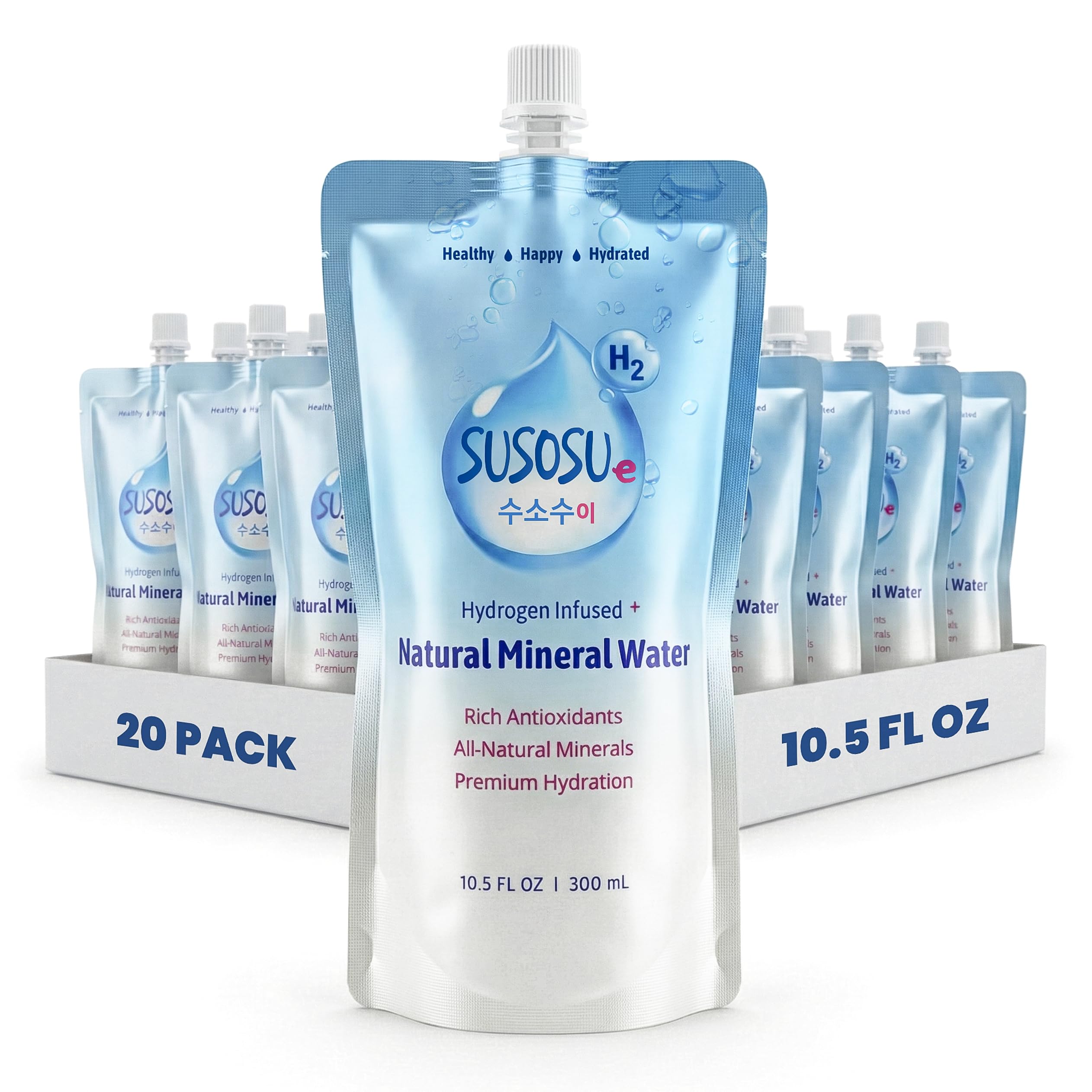 Susosu Water - Hydrogen Infused Natural Mineral Water from South Korea, Crisp Taste, Supports Daily Hydration, BPA Free Aluminum Pouch (10.5 fl oz, 20 Pack)