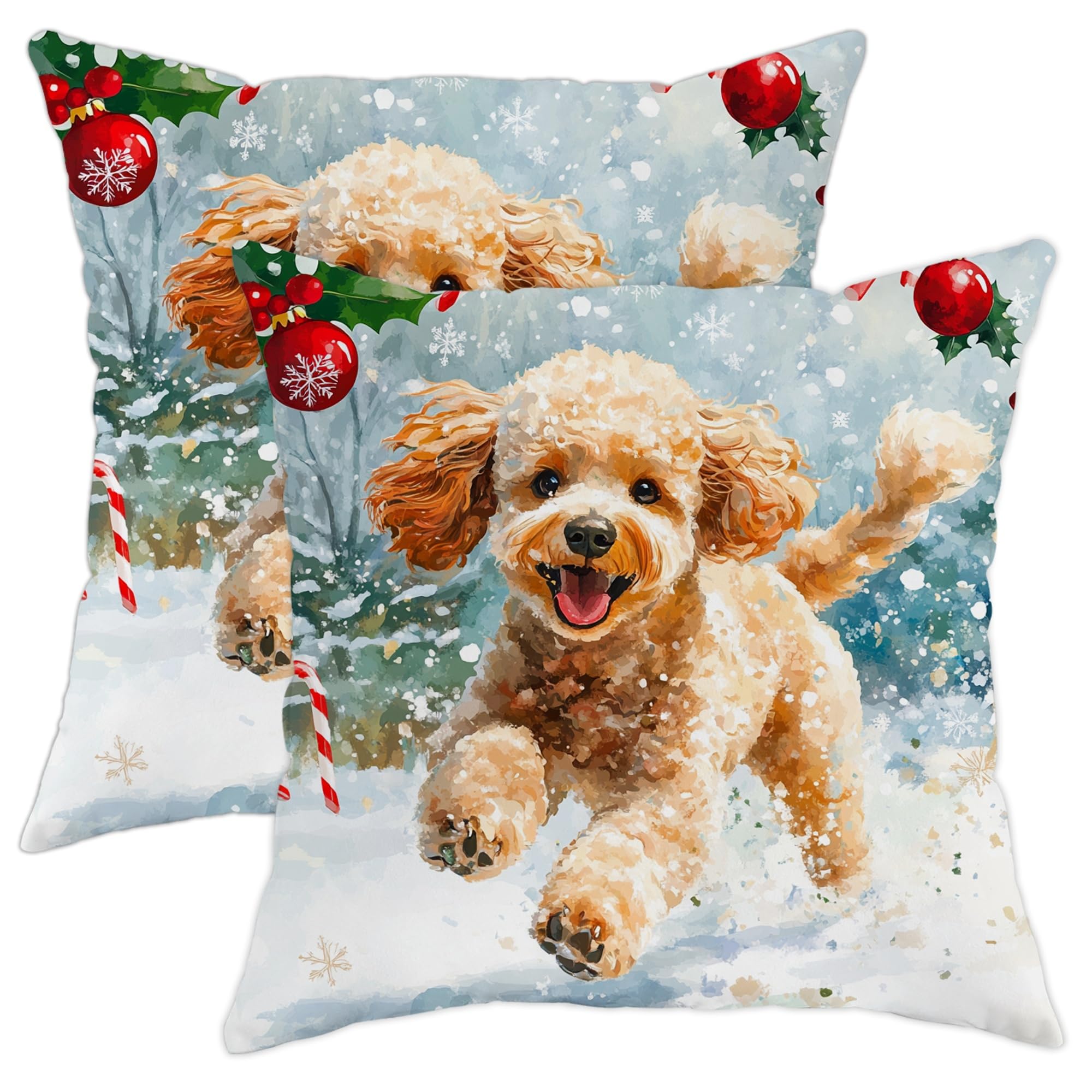 Christmas Poodle Dog Pillow Covers 18x18 Set of 2, Comfy Cute Funny Xmas Printing Velvet Pillow Cases Kit with Zipper, Pet Home Decor for Sofa Living Room Bed