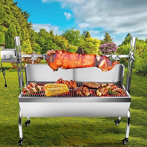 Miniatura 7 de Parrilla asadora de acero inoxidable de 176 libras con deflector de viento, motor de 25 W, asador de cordero pequeño de cerdo, asador de carbón de