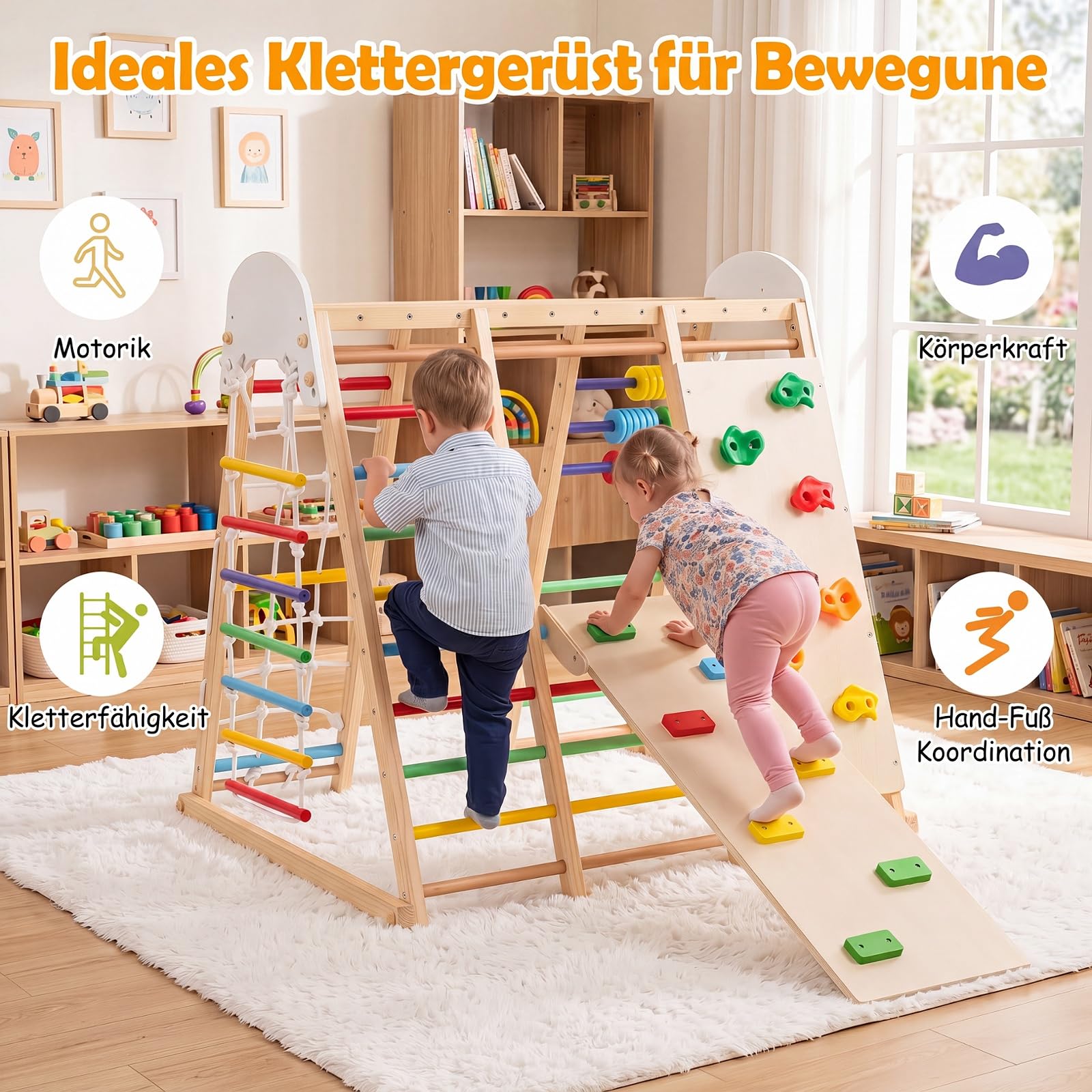 COSTWAY 8 in 1 Indoor Klettergerüst aus Holz für Kinder ab 3 Jahren (Bunt) | Klappbares Kletterspielzeug Set mit Hangelgerüst, Klettersteine, Kletterrampe, Kletternetz, Kletterseil, Leiter & Schaukel