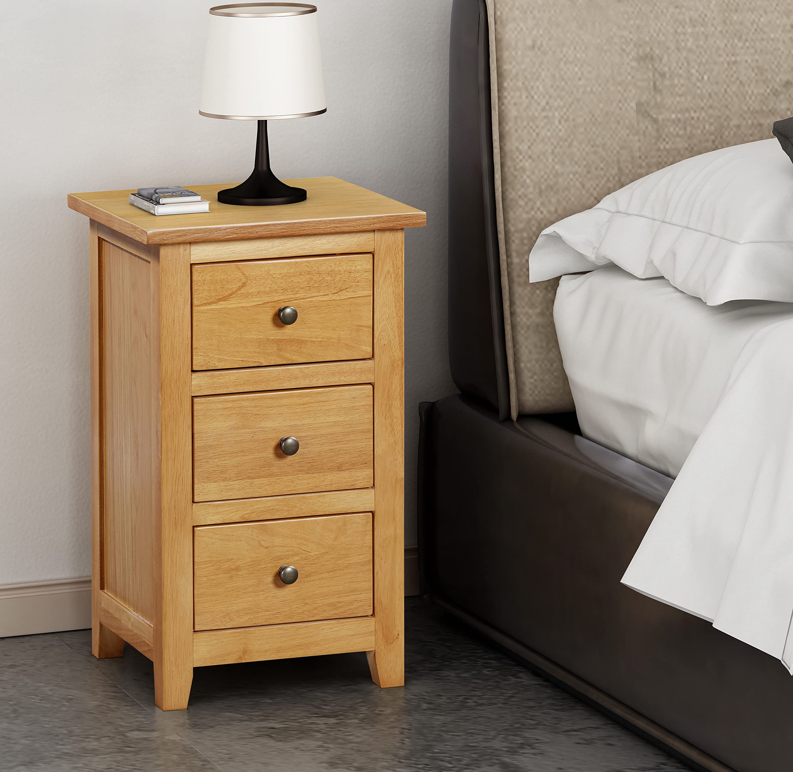 Hallowood Furniture Aston Oak Narrow Side Table with 3Drawers, Bedside Table, Light Oak Wooden Bedside Cabinet, Hallway Table, Slim Chest of Drawers for Living Room, Bedroom