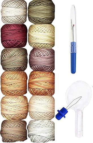 Valdani Hilo de bordar Perle de algodón, tamaño 12, colección de luces de campo teñidas a mano, 2 unidades con desgarrador de costura Artsiga Crafts