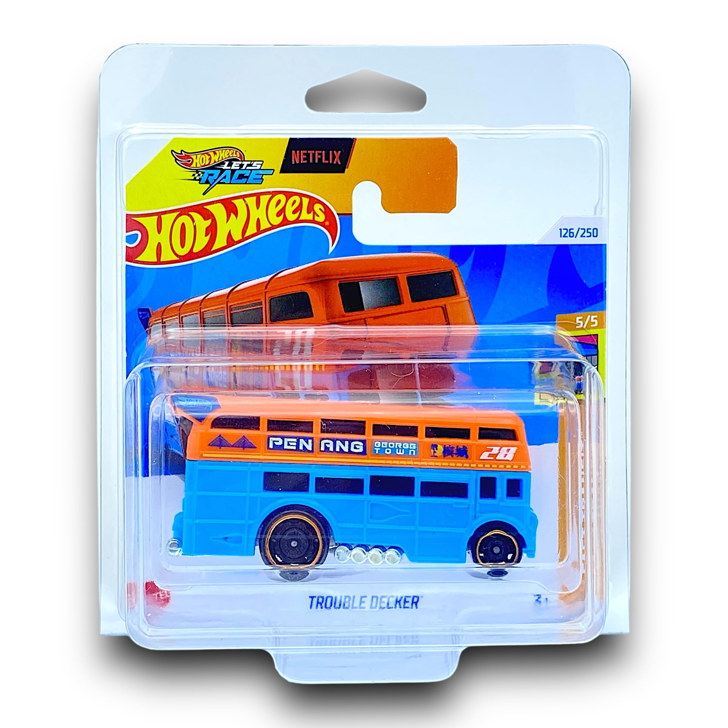 Hot Wheels Trouble Decker (Orange & Blue Let's Race) 5/5 HW Fast Transit - 2024-126/250 (Short Card) - includes a KLAS Car Keeper Protector Case - HTD46