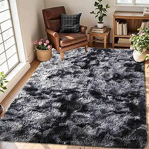 Black Grey Rugs for Bedroom Fluffy 3x5 Area Rug,Super Fuzzy Fur Living Room Carpet for Boys Dorm Office Nursery Modern Home Decor