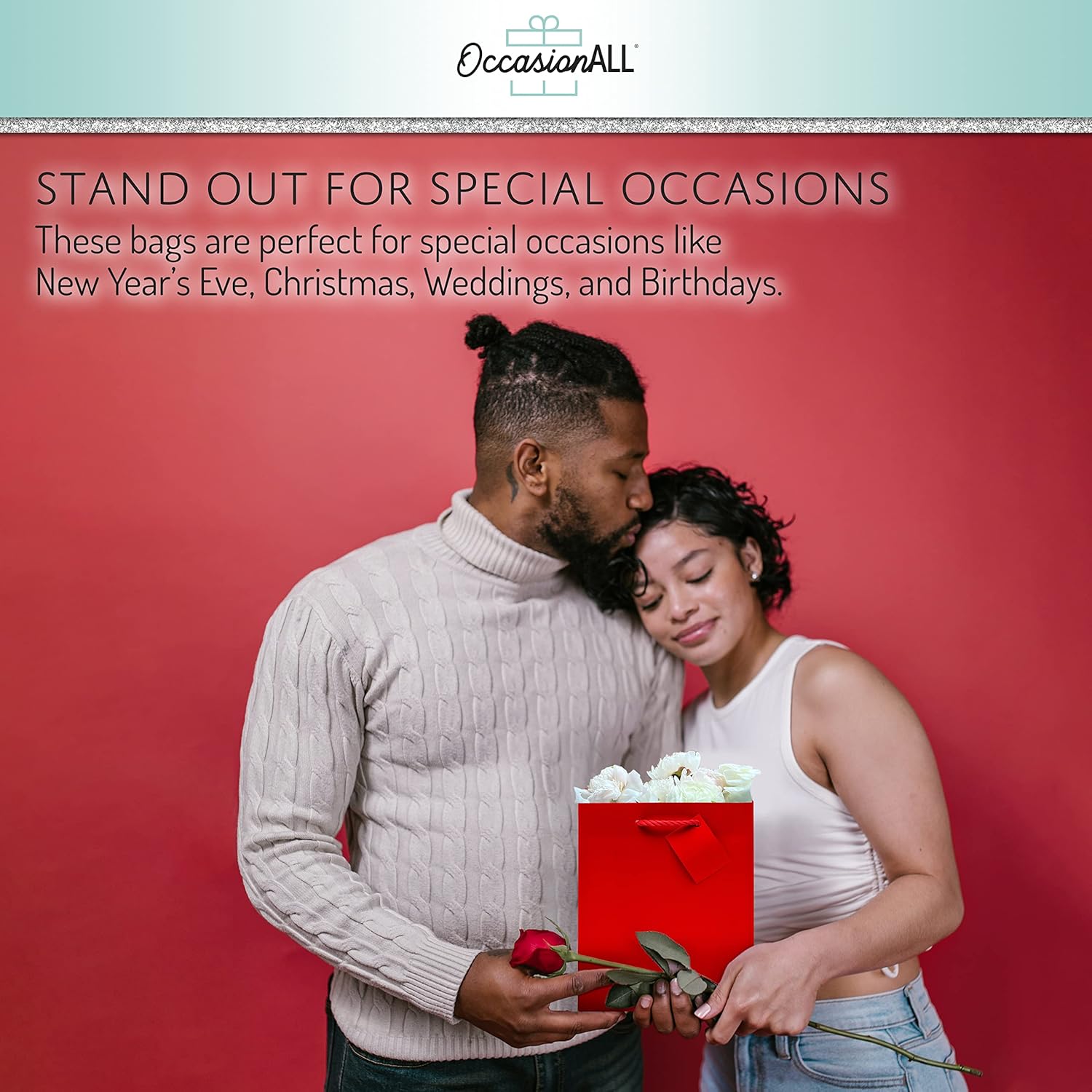 OccasionALL Red Gift Bags, Red Paper Bags with Handles for Christmas & Valentines, Holidays, Birthdays, Weddings, Party Favors, Retail Supplies, Shopping, Bulk, 7.5x3.5x9, 12 Pack - Image 2