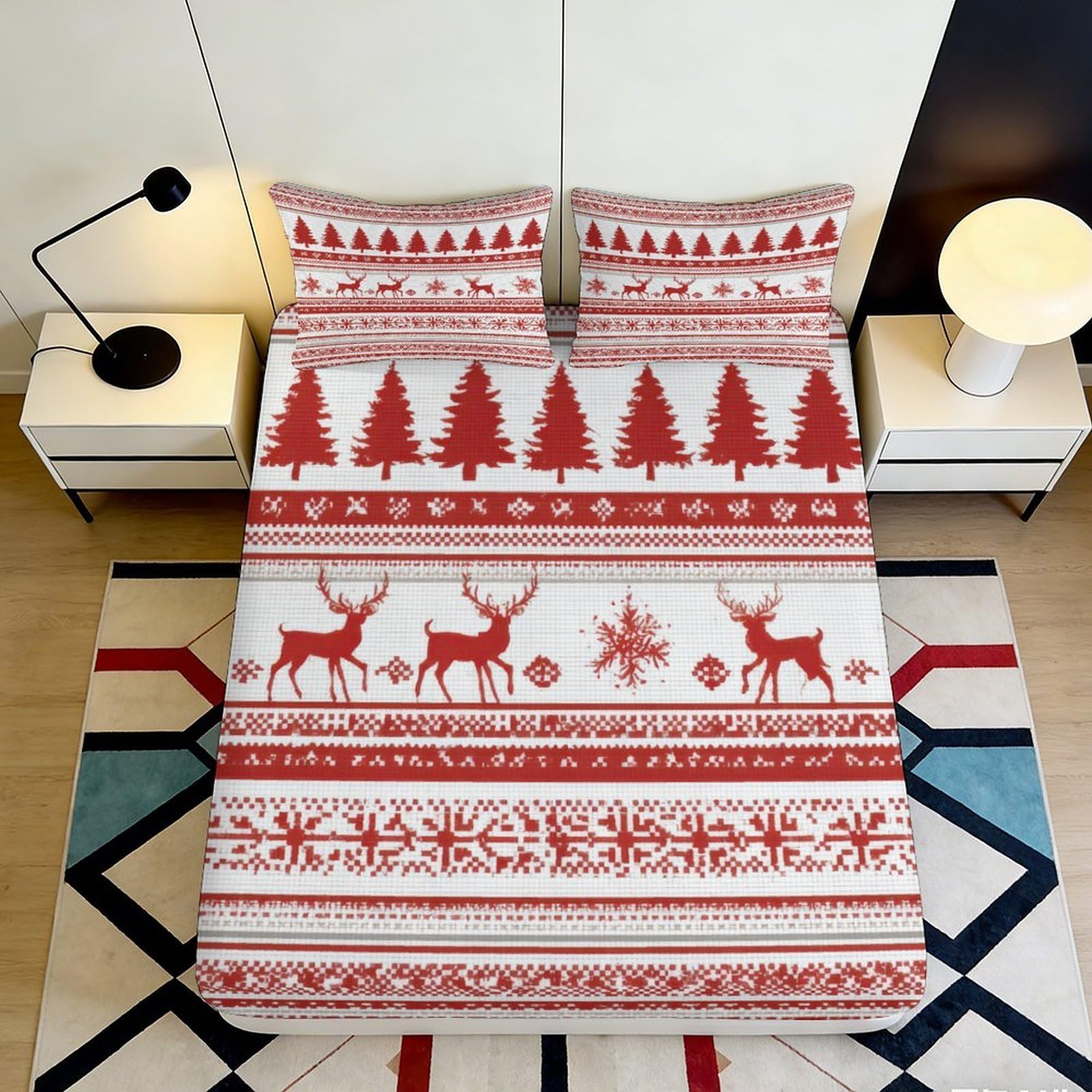 3D Printed Christmas Tree Fitted Sheet Microfiber Soft Breathable Reindeer Pattern Bed Cover for Bedroom Dormitory Guest Room Mattress Protection 180x200x25cm