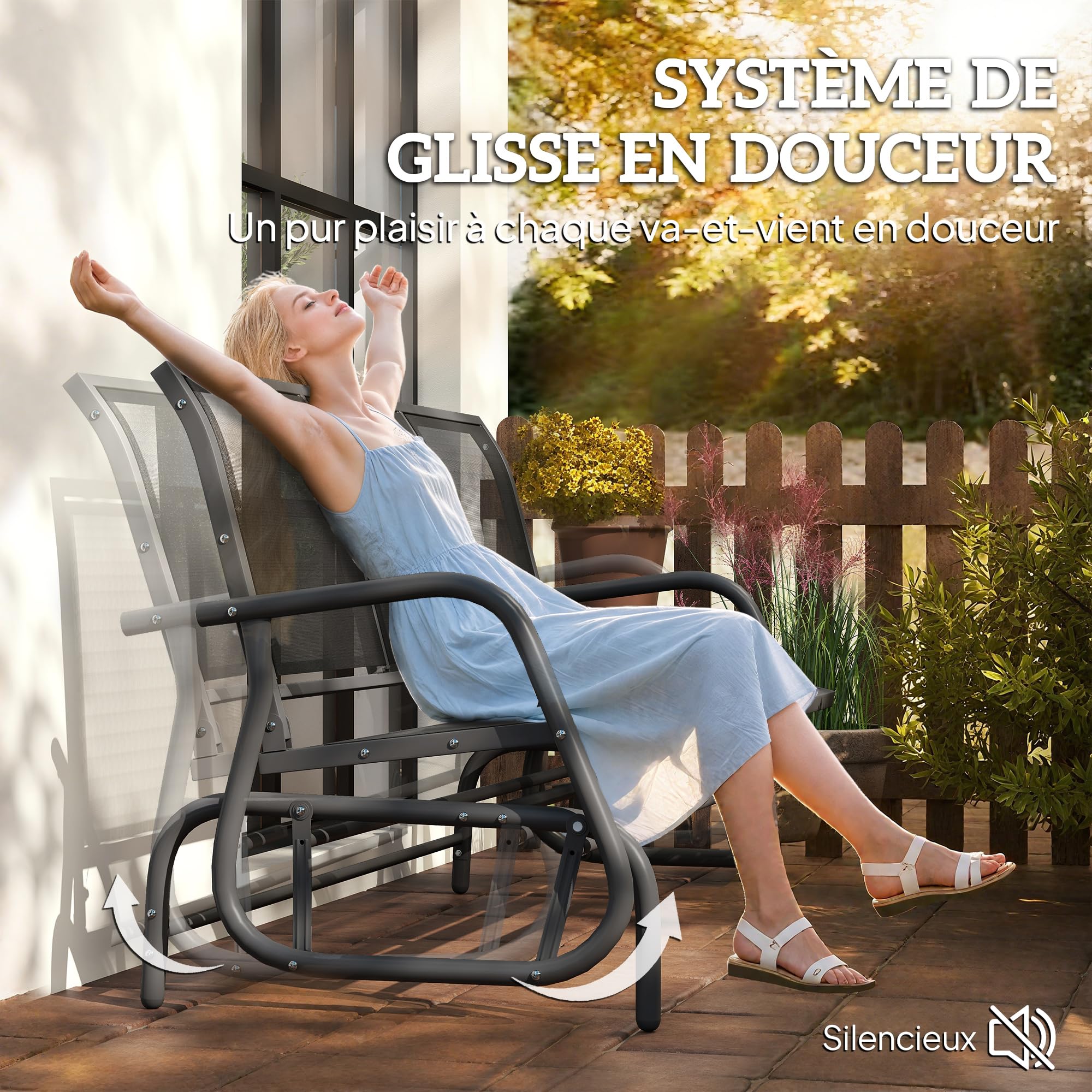 Outsunny Banc à Bascule de Jardin Extérieur 3 Places - Noir