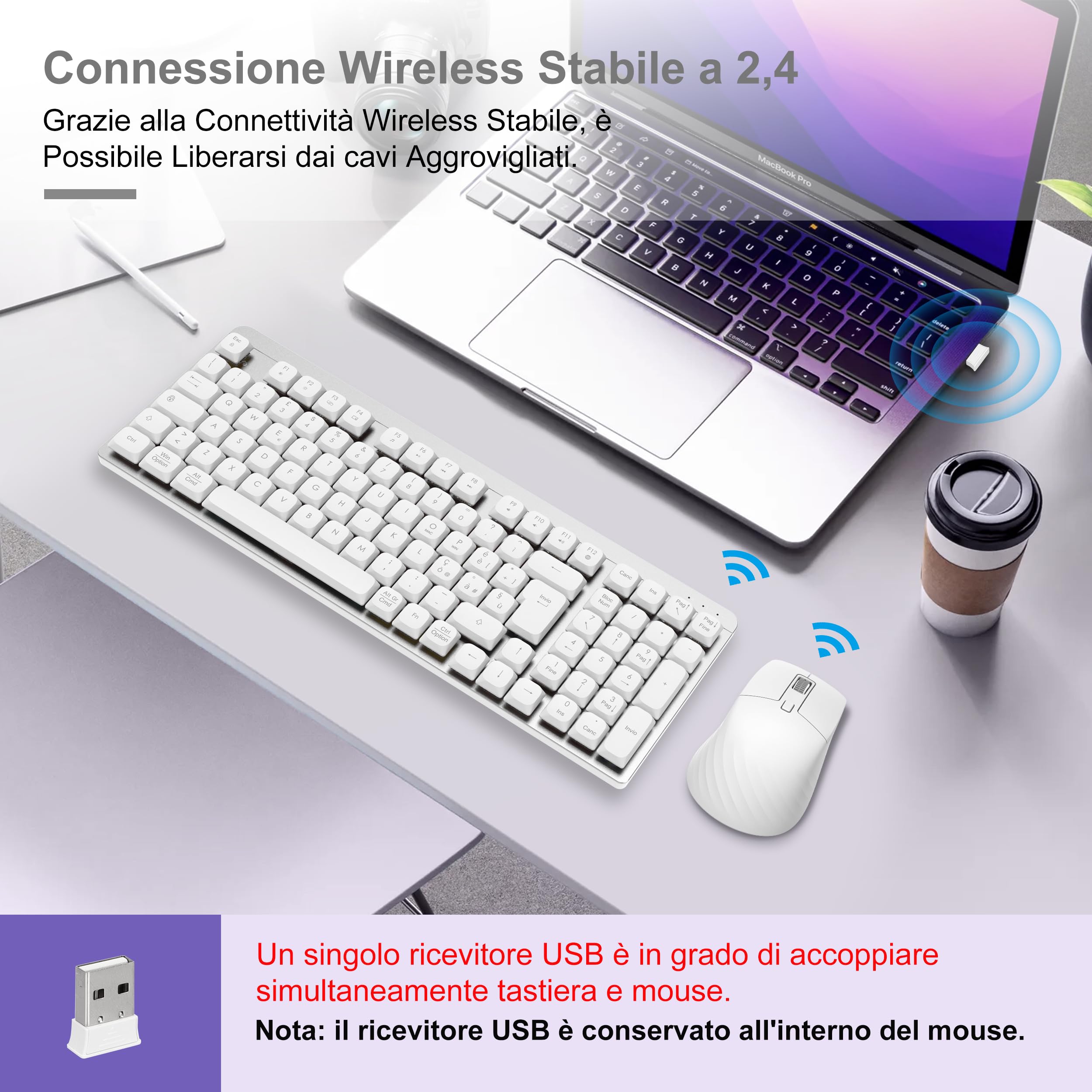 LeadsaiL Tastiera e Mouse Meccanica Wireless FA98, Basso Profilo Switch Rossi Tastiera senza Fili con ricevitore 2.4G, 96% Keyboard, 98 Tasti, Silenzioso, Italian QWERTY per PC Mac/Windows-Argento