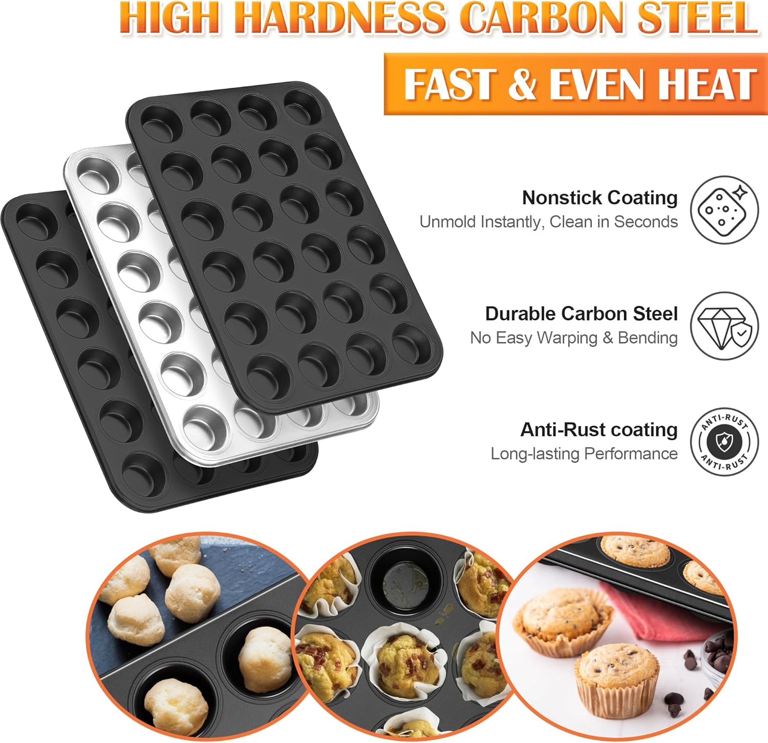 E-far Mini Muffin Pan - 24-Cup Nonstick Carbon Steel Cupcake Tin for Perfect Mini Muffins & Cupcakes, Warp-Free Bakeware for Even Baking & Easy Release, Oven Safe - Image 3