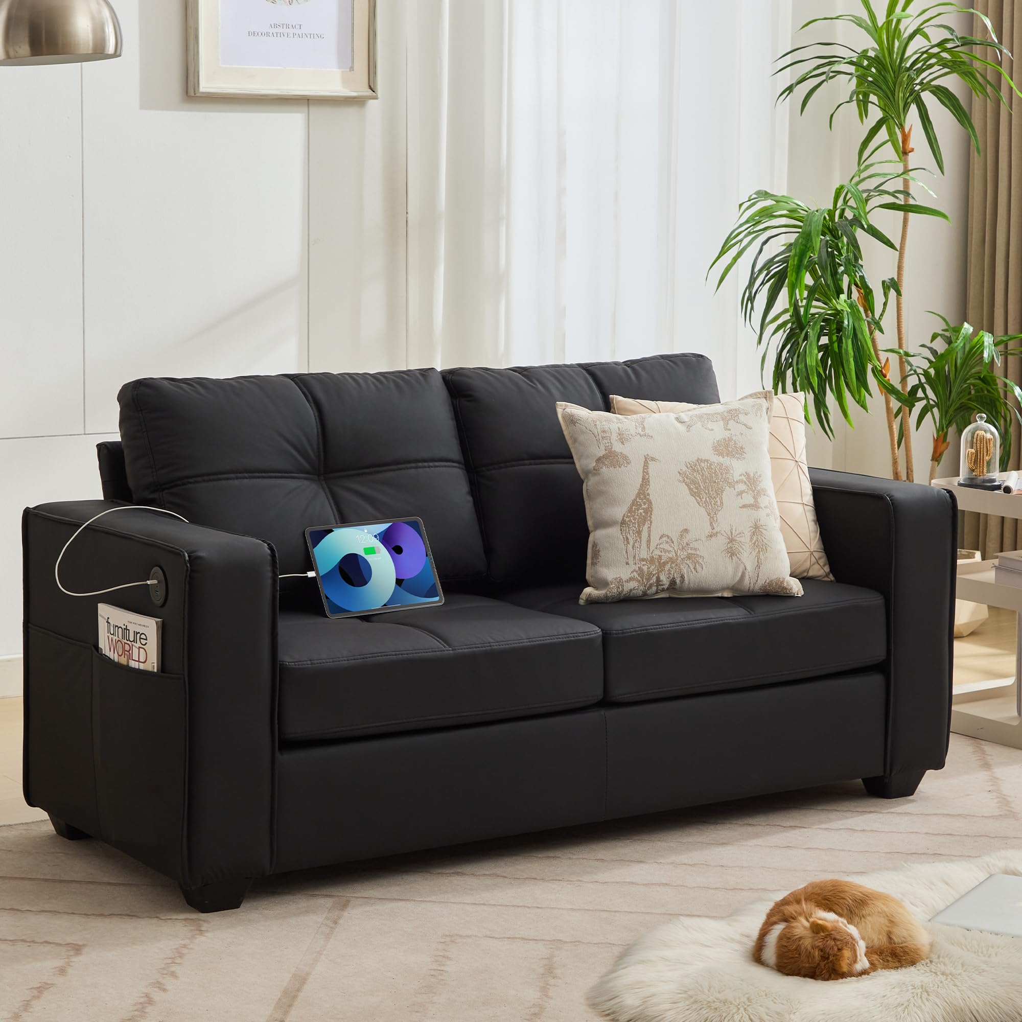 TYBOATLE 65" Black Faux Leather Sofa Couches for Living Room, Mid-Century Modern Tufted Comfy Loveseat w/USB Charging Ports and Wide Arms, 2 Seater Office Small Couch for Small Space Bedroom