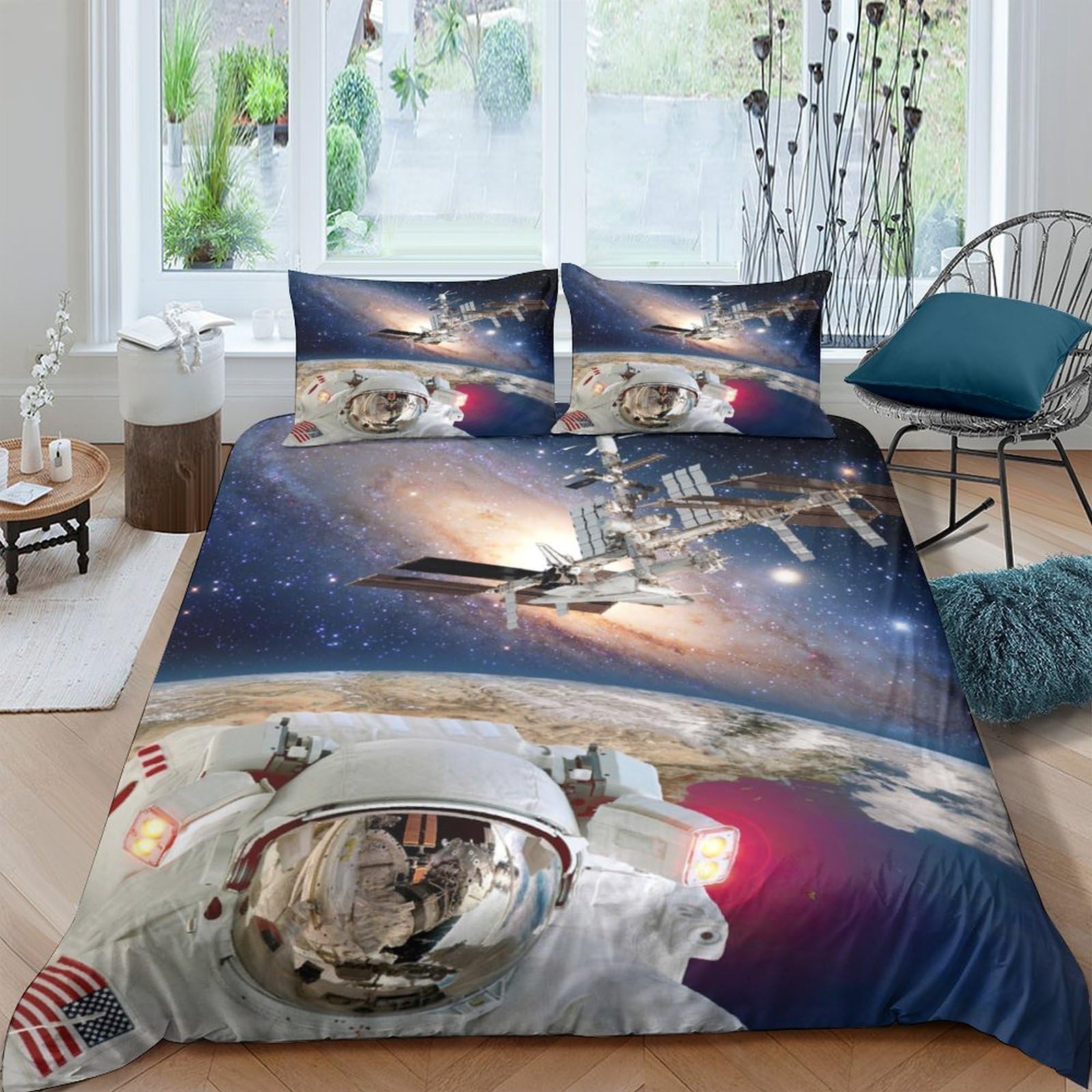 GPLZQXKJNH 3D Printed Astronaut Space Duvet Cover Set Microfiber Soft Breathable Shuttle Quilt Cover with 2 Pillowcases for Bedroom Decor Single（135x200cm）