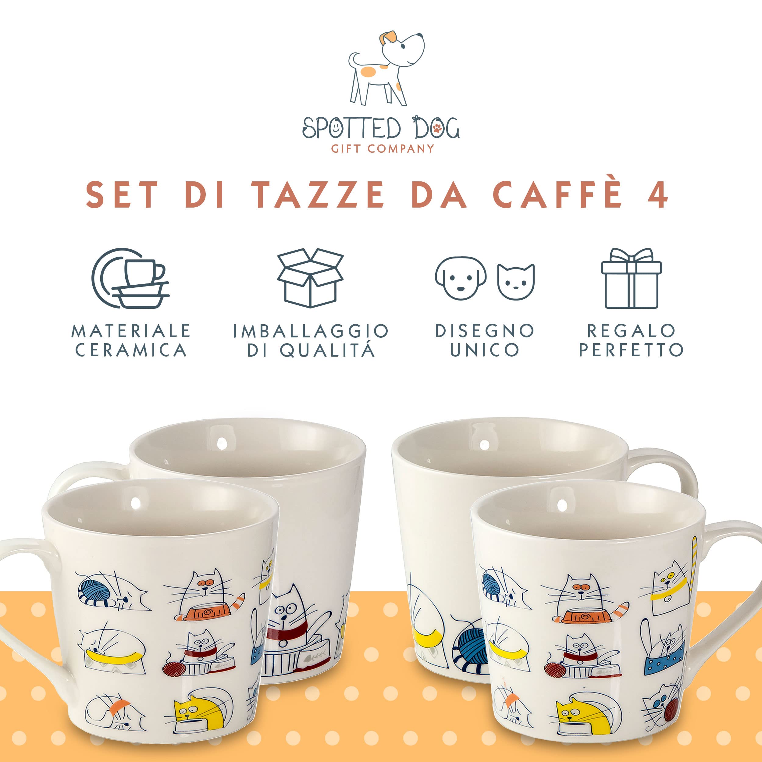 SPOTTED DOG GIFT COMPANY Set di 4 Tazze Gatto da Caffè in Ceramica 380 ml per Caffè e Tè, Tazze con Gatti Divertenti, Regalo per Gattara, Donna e Uomo