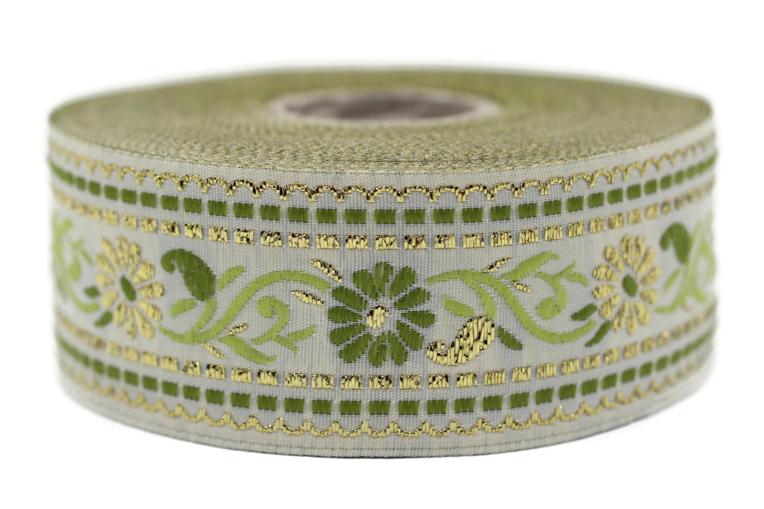 35 mm White & Green Floral Jacquard Ribbon (1.37 inches), Jacquard