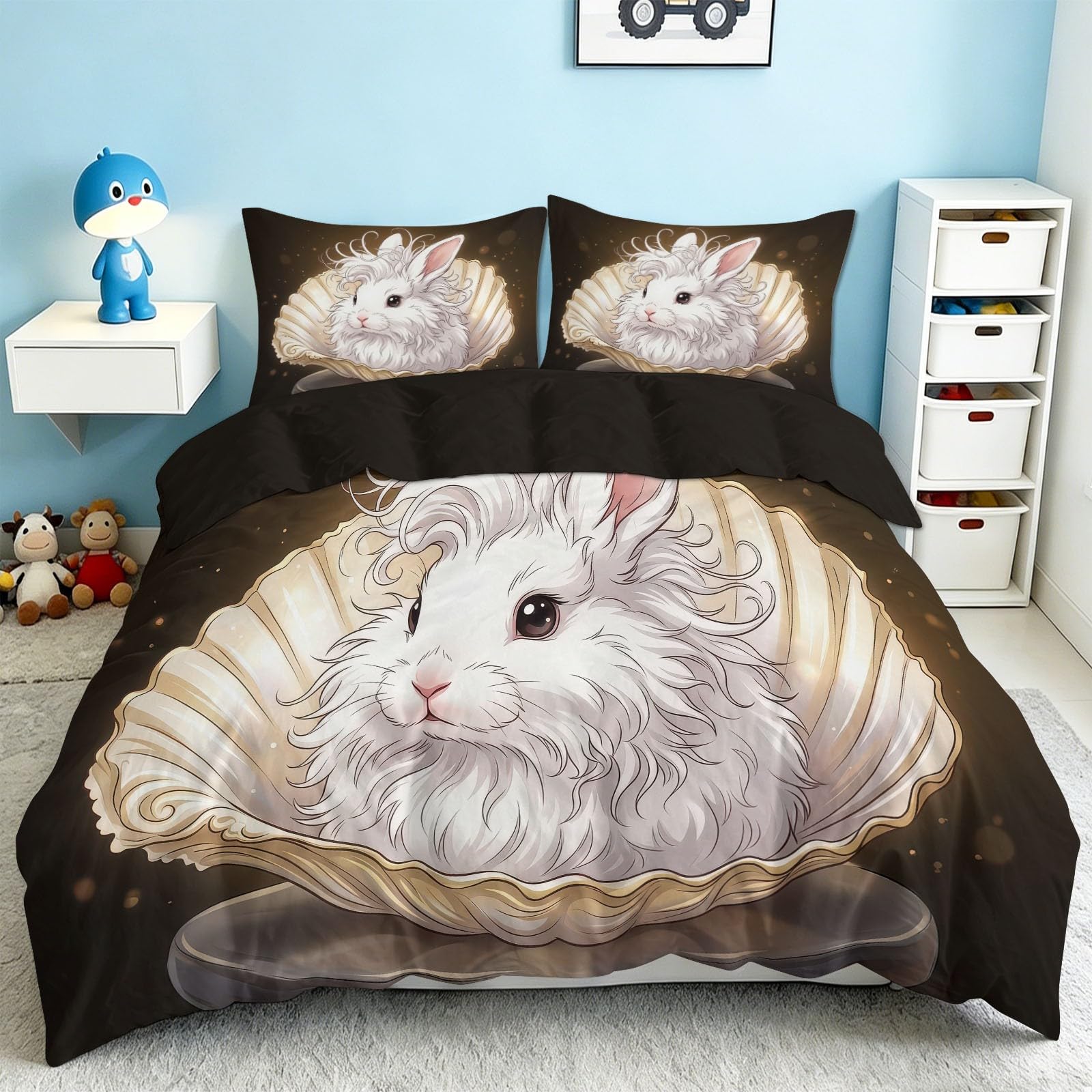 3-częściowy komplet pościeli z białym króliczkiem, 240 x 220 cm, z poszewką na kołdrę i 2 poszewkami na poduszkę 80 x 80 cm, kolor beżowy