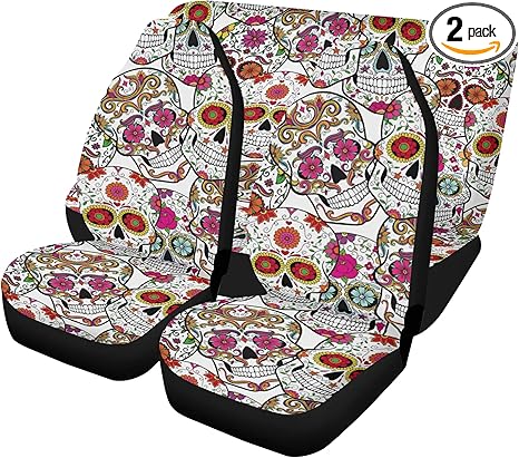 Mexican Calaveras Sugar Skull Car Seat Covers and Floor Mats – Day of The Dead Interior Accessories for Festive Vehicle Upholstery and Floor Decoration (2pcs Front seat Covers)