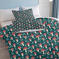 Vista 20 de SOULZZZ Juego de ropa de cama retro hippie tamaño matrimonial, edredón floral de hongos margaritas para niñas y mujeres, edredón negro con 2 fundas