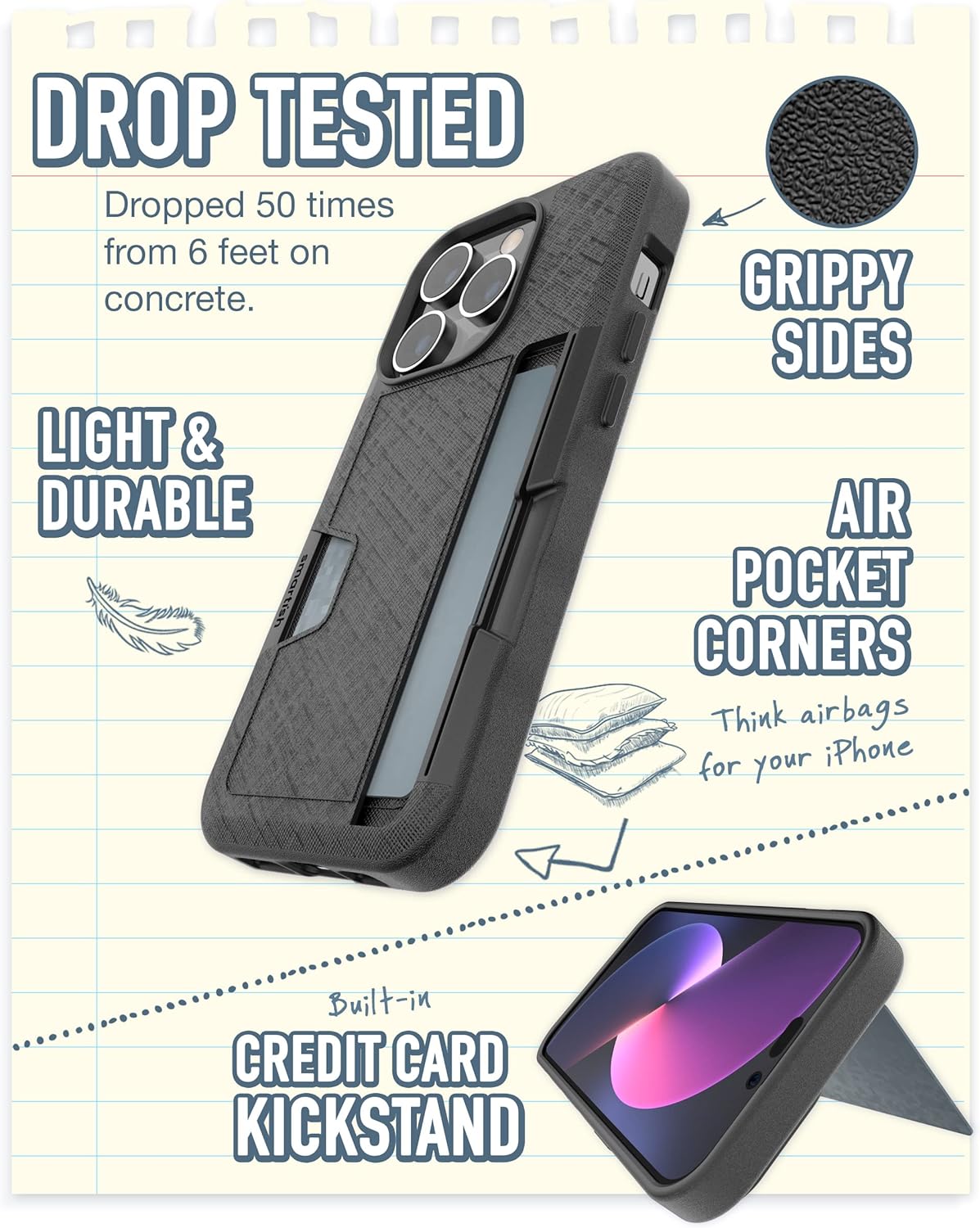 Smartish® iPhone 14 Pro Wallet Case - Wallet Slayer Vol. 2 [Slim + Protective] Credit Card Holder w/Kickstand - Drop Tested Hidden Card Slot Compatible w/Apple iPhone 14 Pro - Black Tie Affair - Image 3