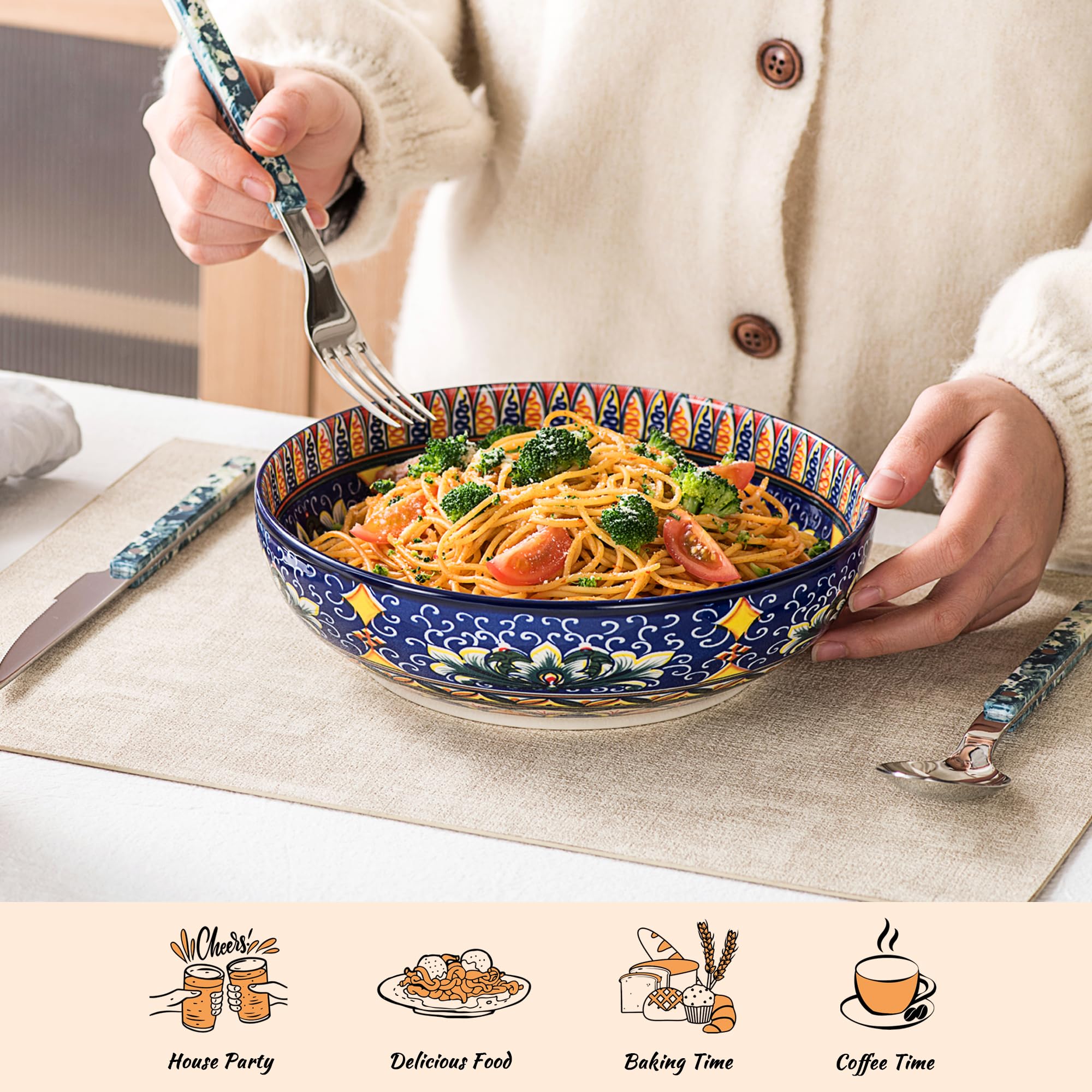 Henten Home Pastateller, Suppenteller/Tiefteller Set 2er, 1500ml Buntes Salatschüsseln für Suppe, Nudel, Spaghetti, Pasta, Salat - Serie Mylo, Boho Stil