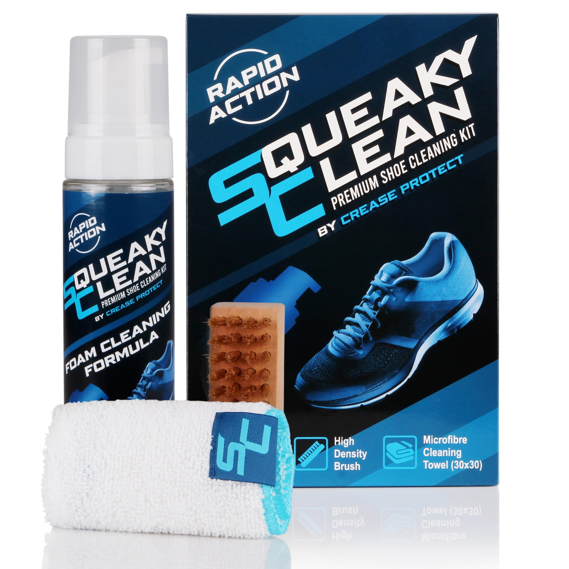 Squeaky Clean - Premium Shoe & Trainer Cleaning Kit - 200ml Foam Cleaner for Suede, Nubuck, Leather, Canvas & More - Remove Dirt & Stains From Sneakers & Boots- Brush & Cleaning Cloth Included