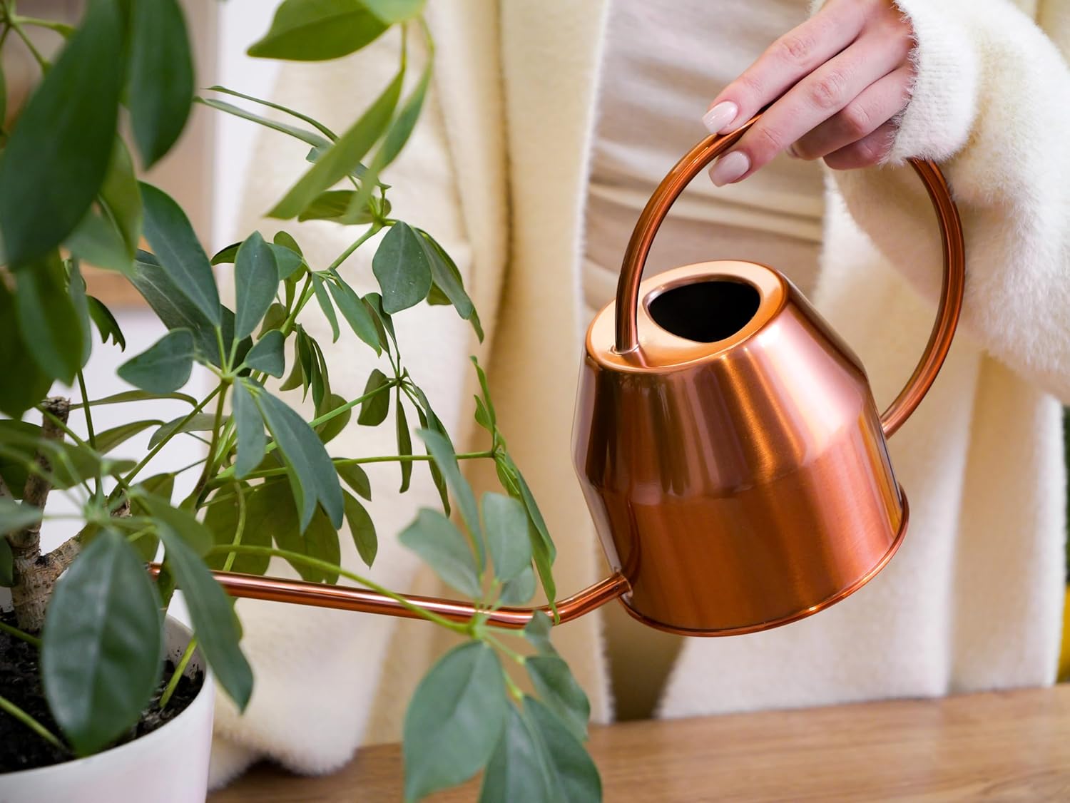 Plexon Rose Gold Metal Watering Can Indoor Plants 40 oz, Stainless Steel Long Spout Watering Can Outdoor House Plant Flower, Garden