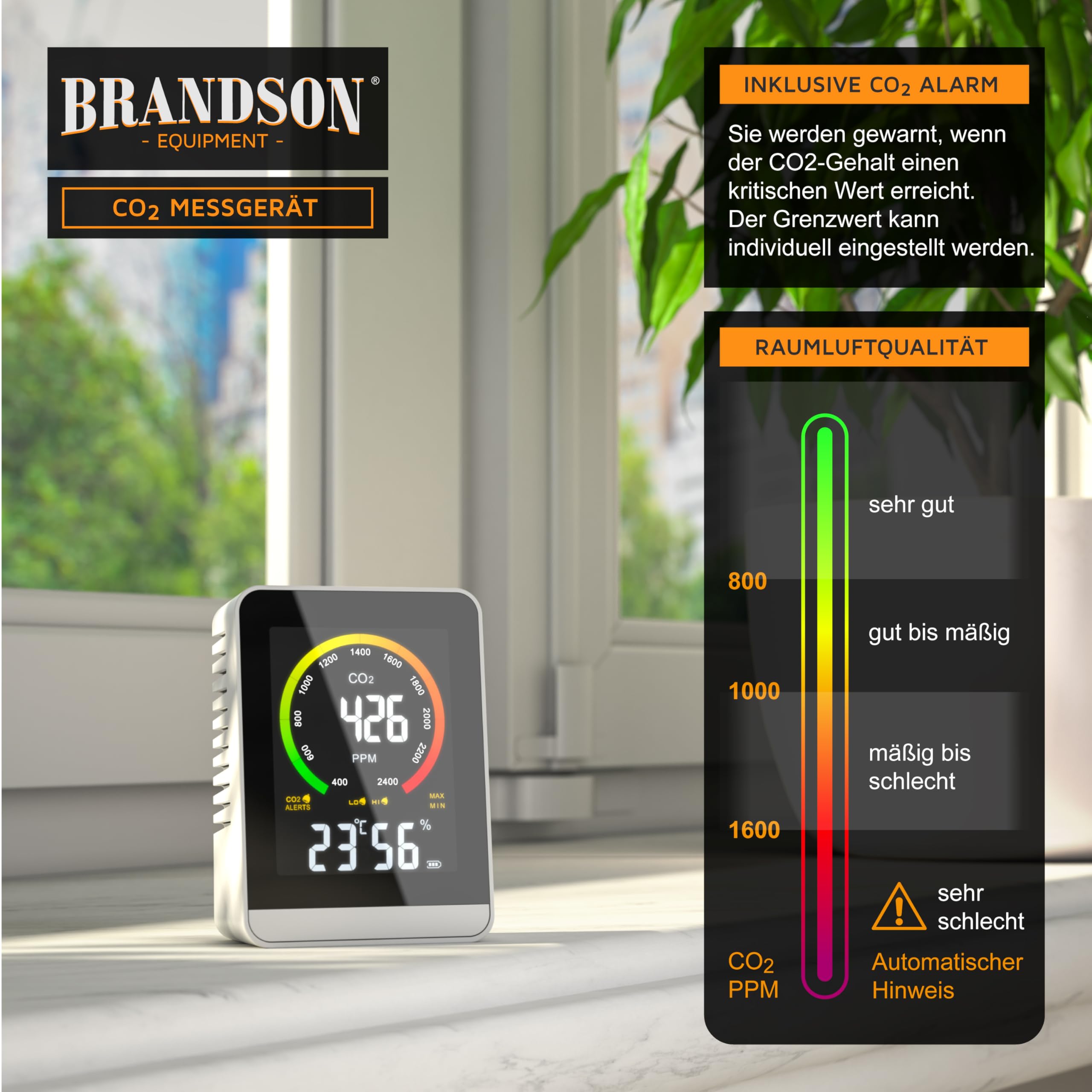 Brandson CO2 Melder Messgerät mit Akku Luftqualitätsprüfer Kohlenstoffdioxid Sensor PPM Anzeige Temperatur Luftfeuchtigkeit