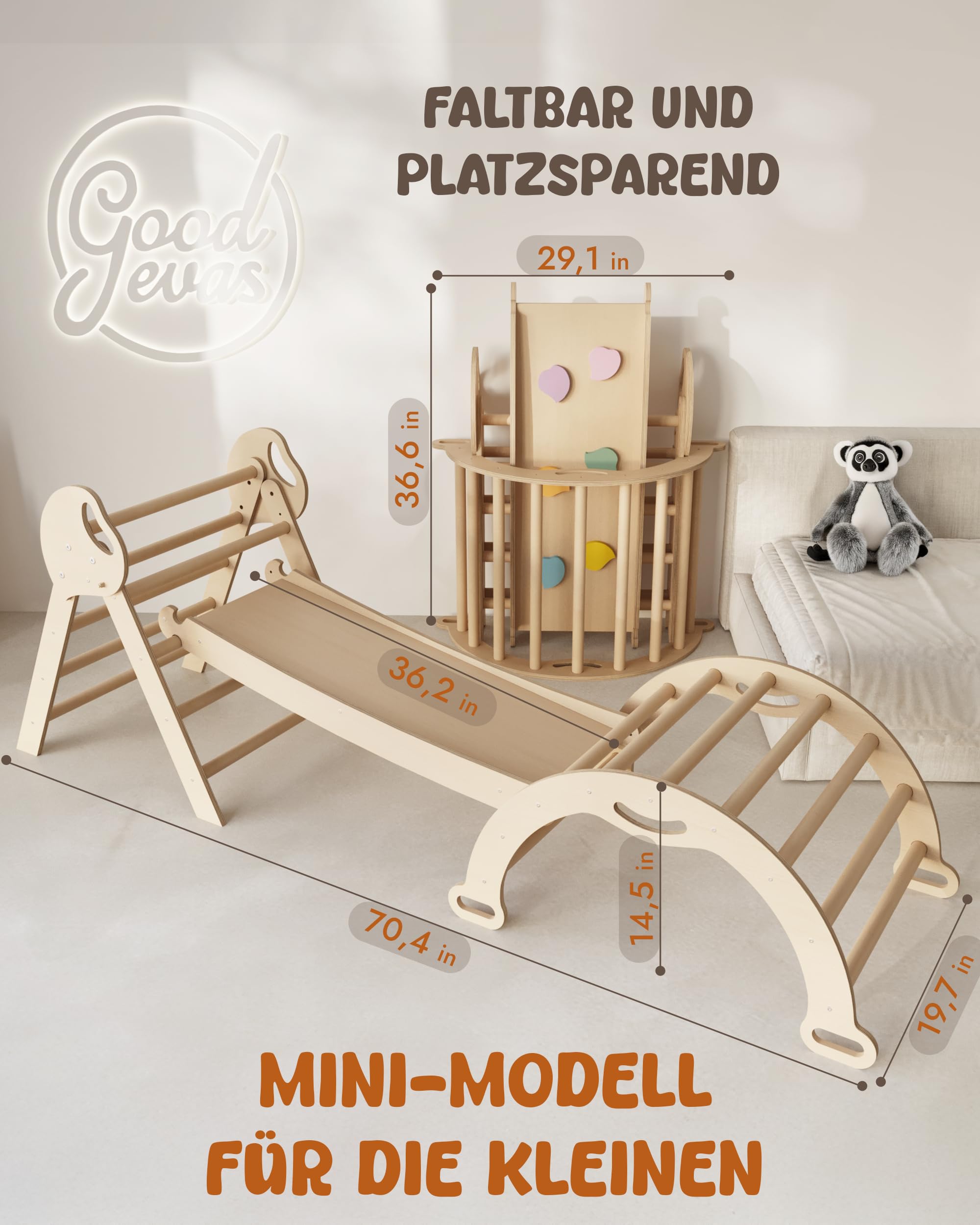 Goodevas 5-in-1 Struttura da Arrampicata per Interni in Legno con Scivolo – Triangolo Montessori per Bambini da 1 Anno, Parco Giochi per Interni, Giocattolo da Arrampicata per Bambini Triangolo