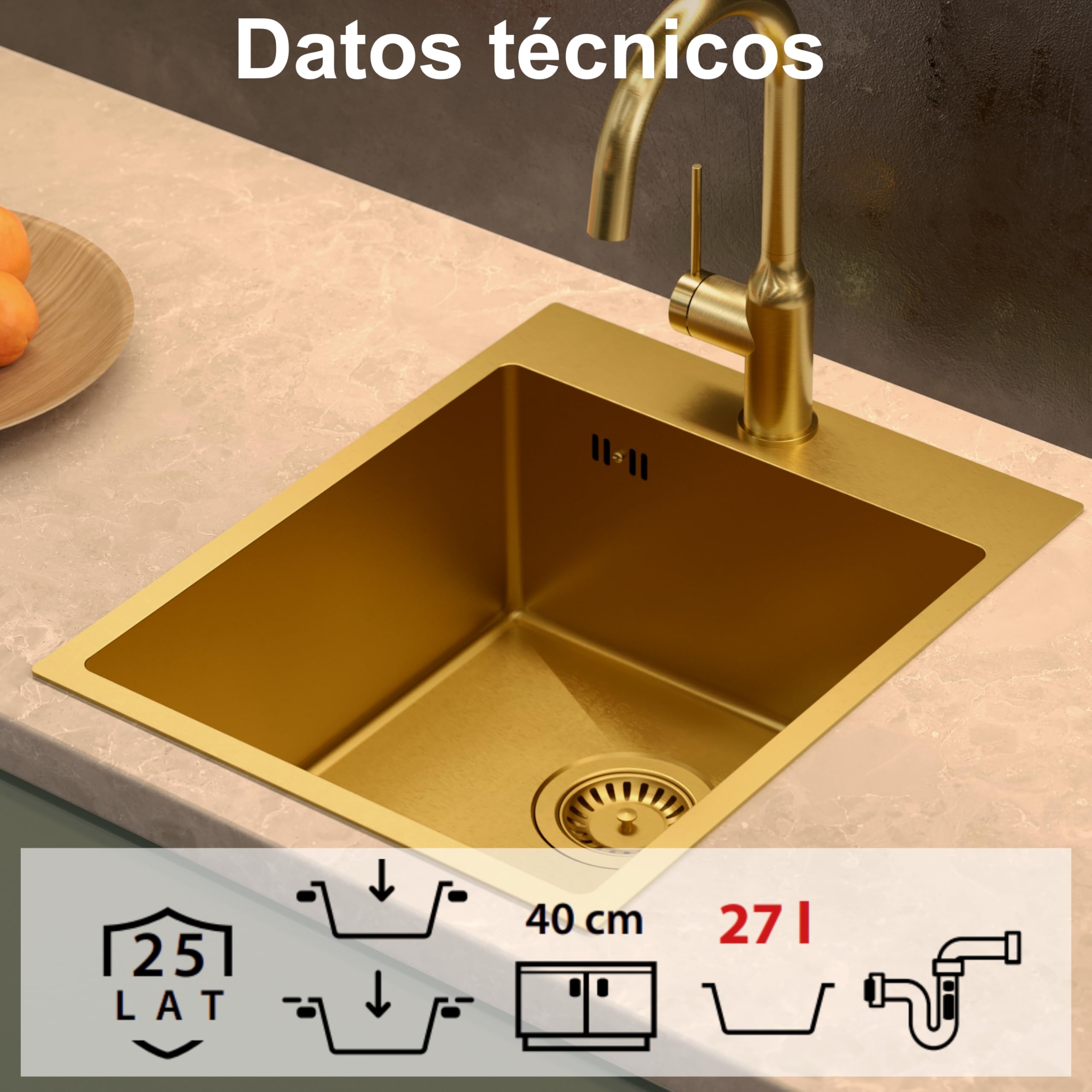 QUADRON fregadero plata | tamaño 40 x 50 cm | fregadero de un seno RUSSEL 90 fregadero de cocina de un seno con cámara de acero fregadero de acero inoxidable | con sifón y tapón de rosca