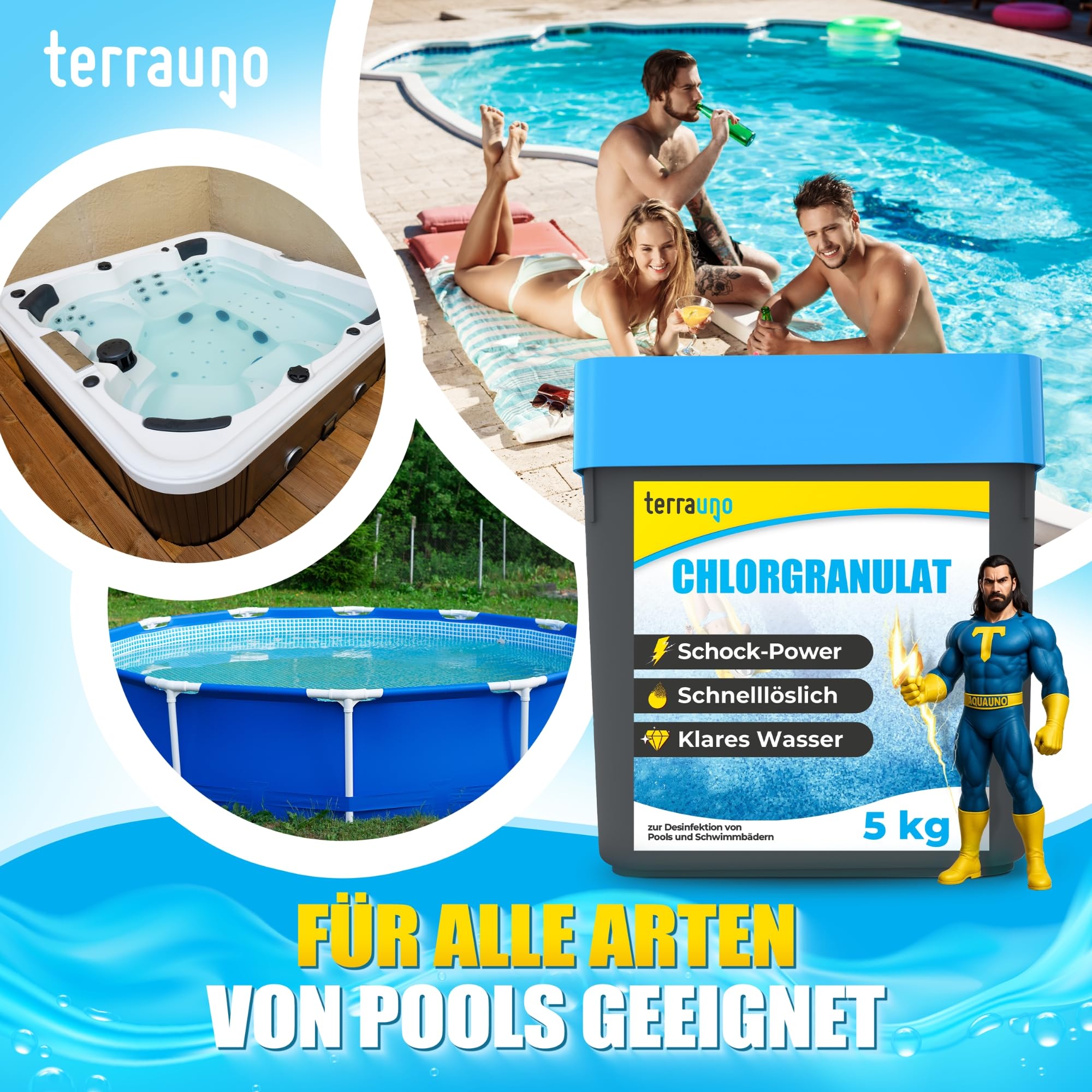 TerraUno Chlorgranulat für Pool, zur Schockchlorung, Stoßchlorung & Dauerchlorung, schnelllöslich 5Kg, Chlor Granulat für kristallklares & hygienisches Poolwasser