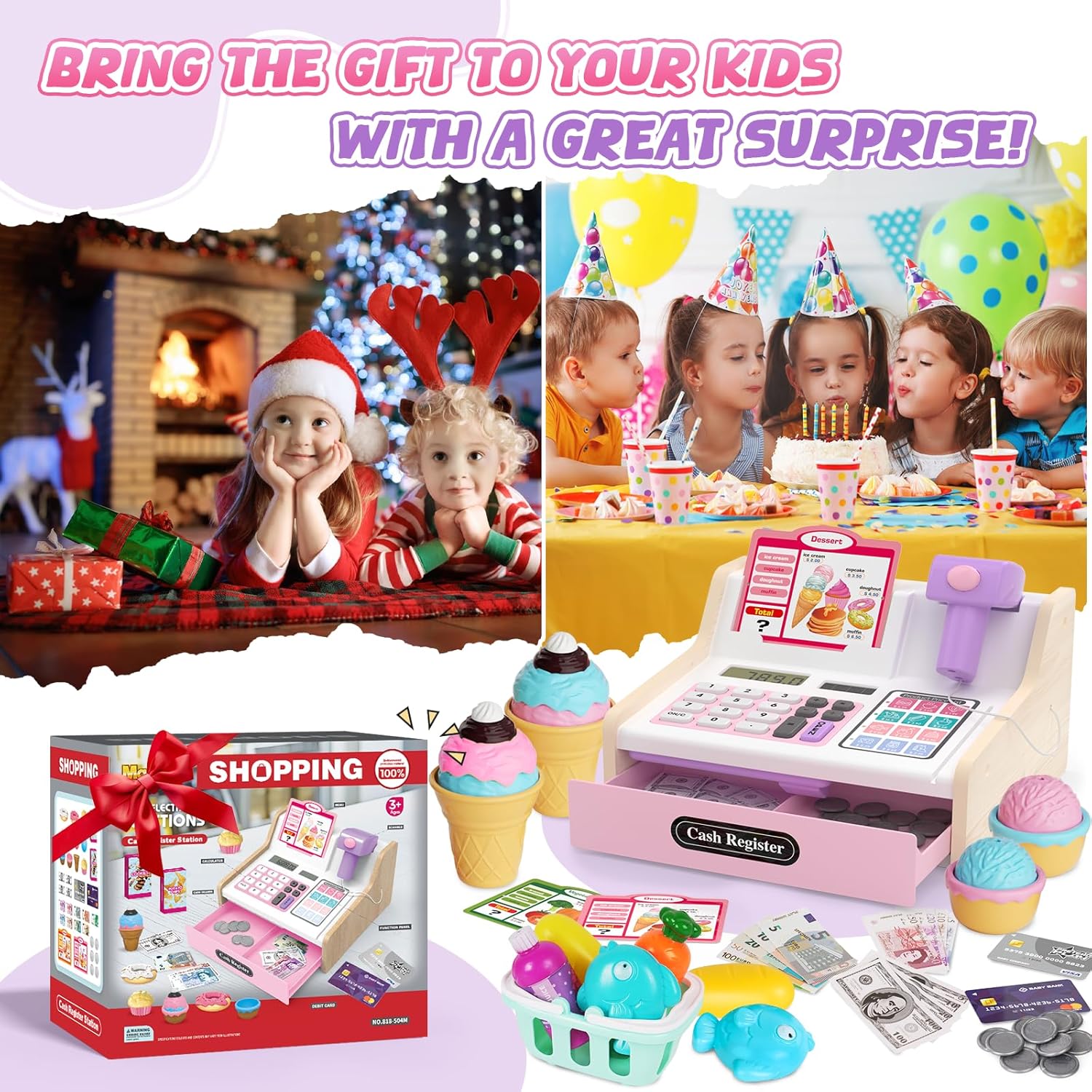 Wooden Cash Register for Kids, Rechargeable Kids Cash Register with Scanner, Pretend Play Cash Register Toy with Fake Money, Food, Credit Card, Toddler Boys Girls Age 2-4 4-8, Pink